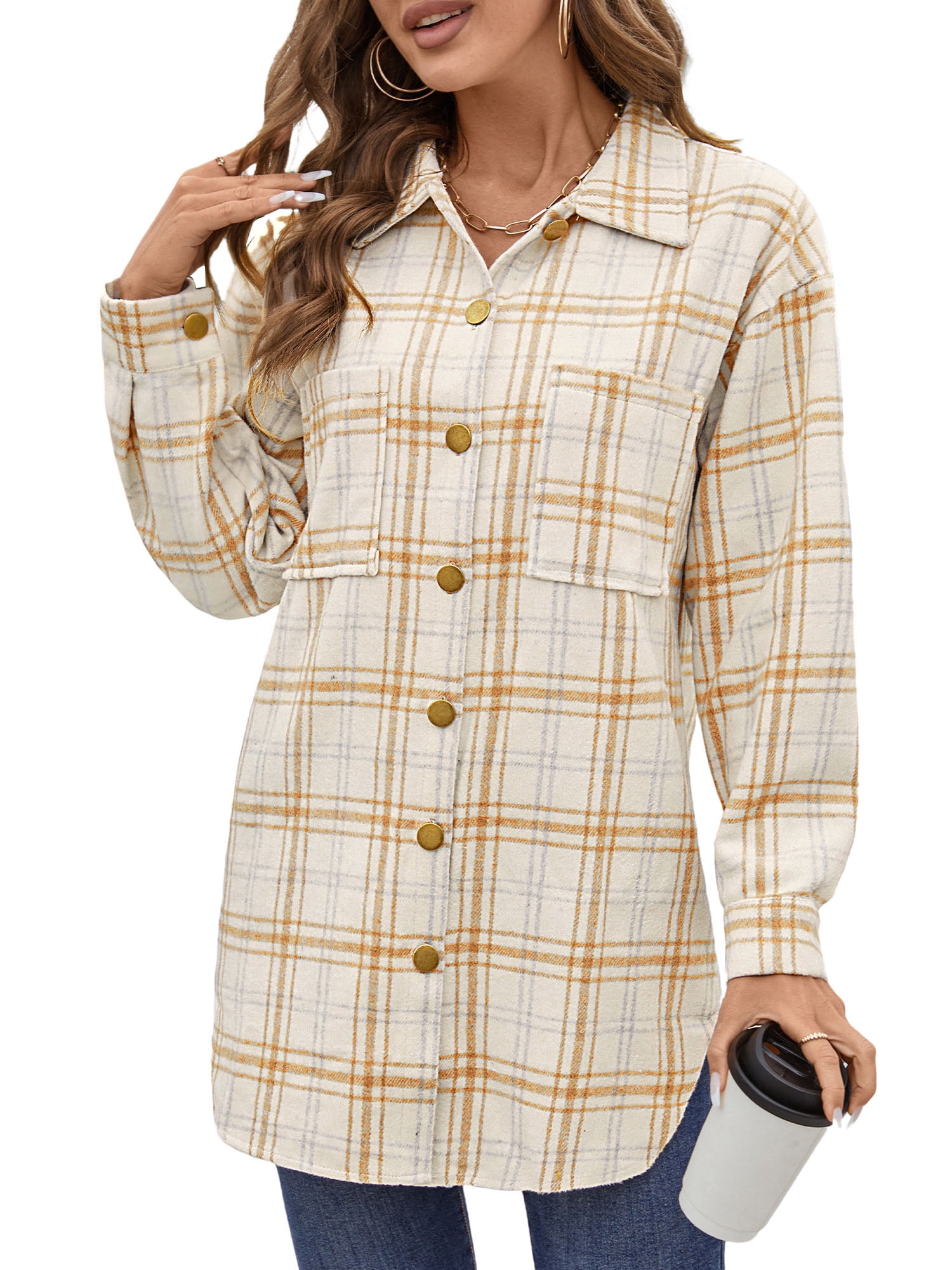 UVN Flannel Plaid Shirts for Women Shacket Jacket Long Sleeve Button Down Shirt Coats Top - Image 6