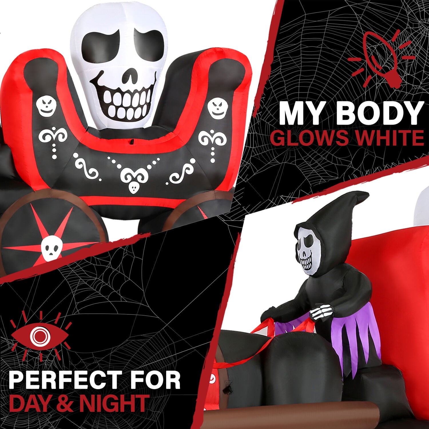 Haunted Hill Farm 6-ft. Tall Inflatable Halloween Skull Carriage with LED Lights Festive Holiday Blow-Up Decorations Blower, Ropes, and Stakes Included HICARRIAGE061-L - Image 7