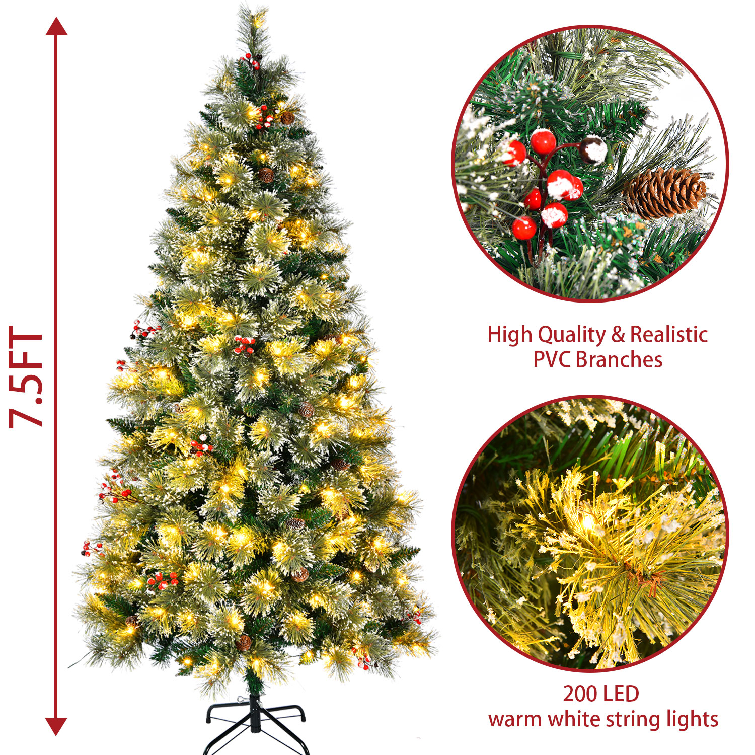 SUGIFT 6.5ft Premium Christmas Tree with Flocked Snow Pine Cone Red Trim and 200 Warm White Lights - Image 5