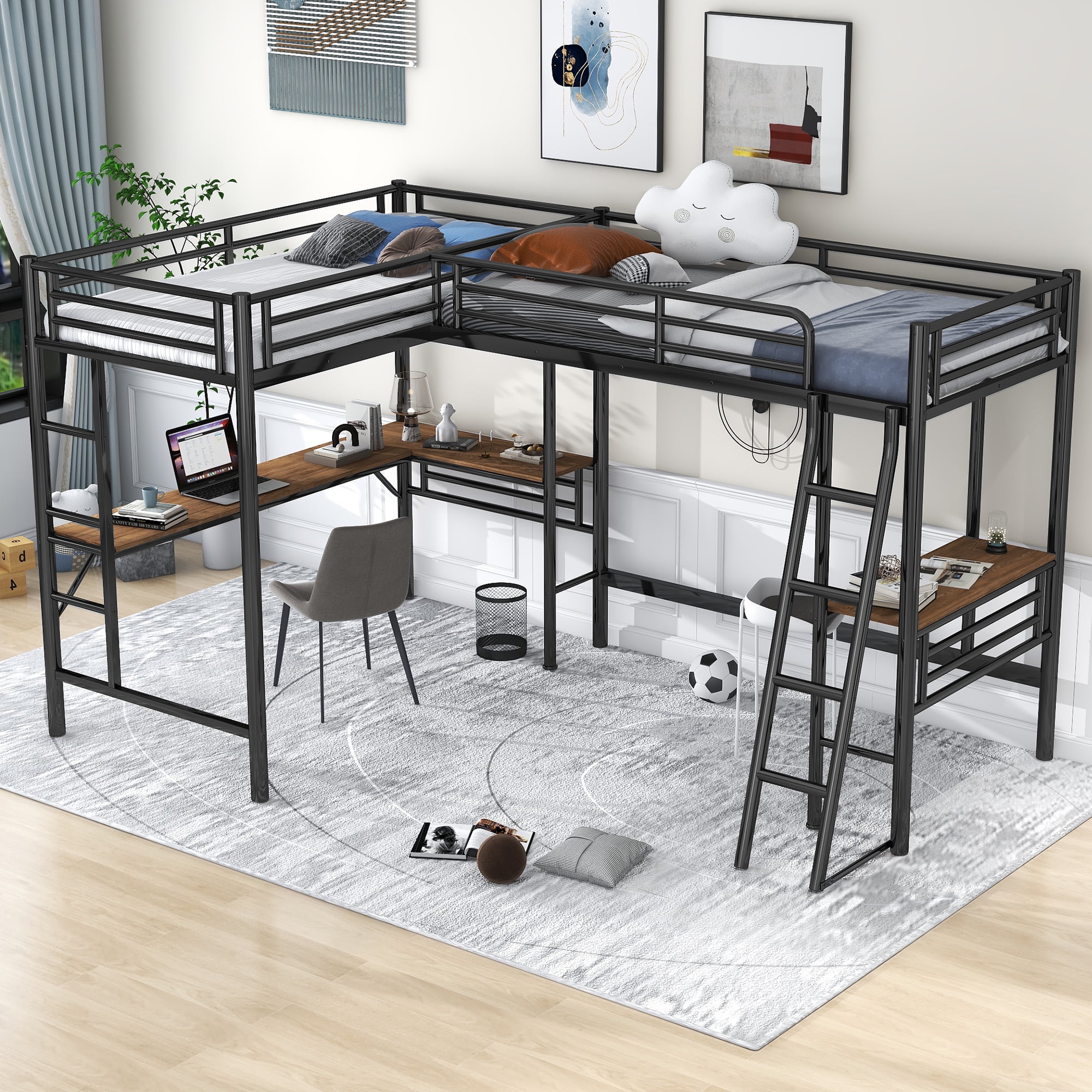 Euroco Metal L-Shaped Twin Size Loft Bed with Two Desk for Kids Teens Bedroom, Black - Image 3