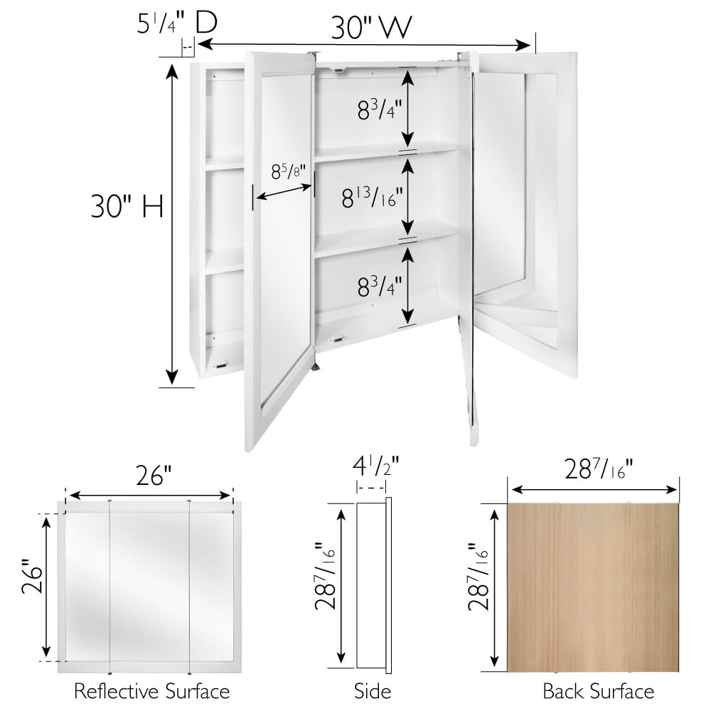 Design House 30" Wood Wall Mounted Mirrored Tri-View Bathroom Medicine Cabinet, White - Image 4