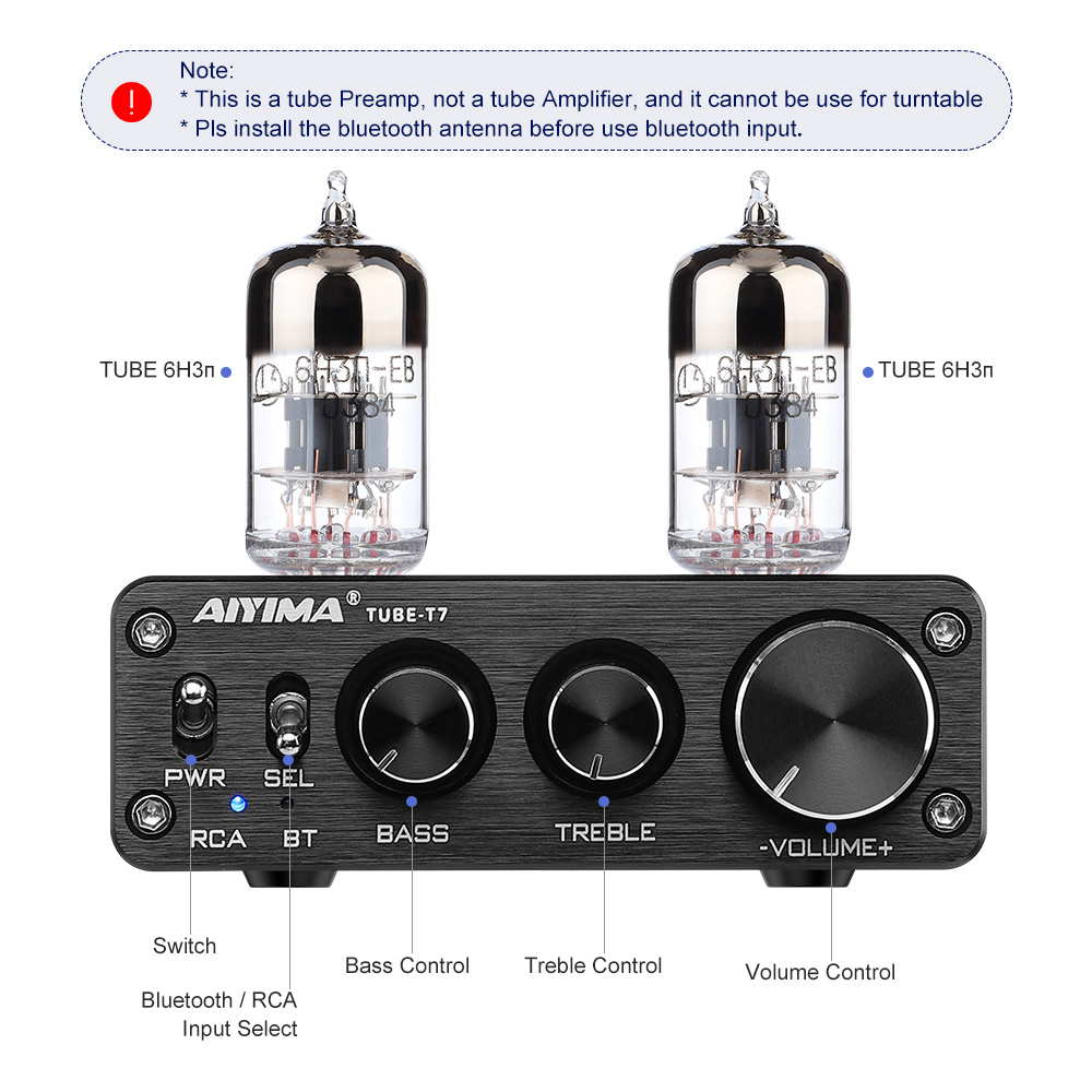 AIYIMA Tube T7 Audio 6N3 Tube Preamp Bluetooth 5.0 Warm Vacuum Buffer Preamplifier with Treble Bass Tone for Home Theater System HiFi Stereo Vacuum Bile Tube - Image 13