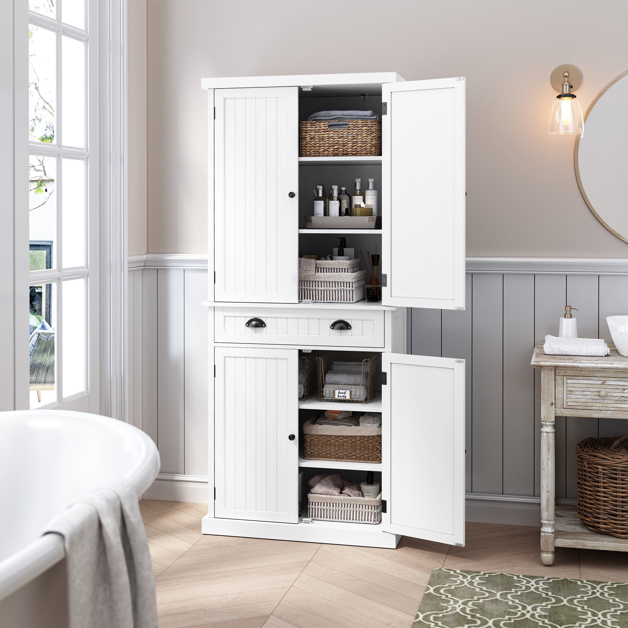 "HLR 72"" Tall Kitchen Pantry Storage Cabinet with Adjustable Shelves and Drawer, White" - Image 9