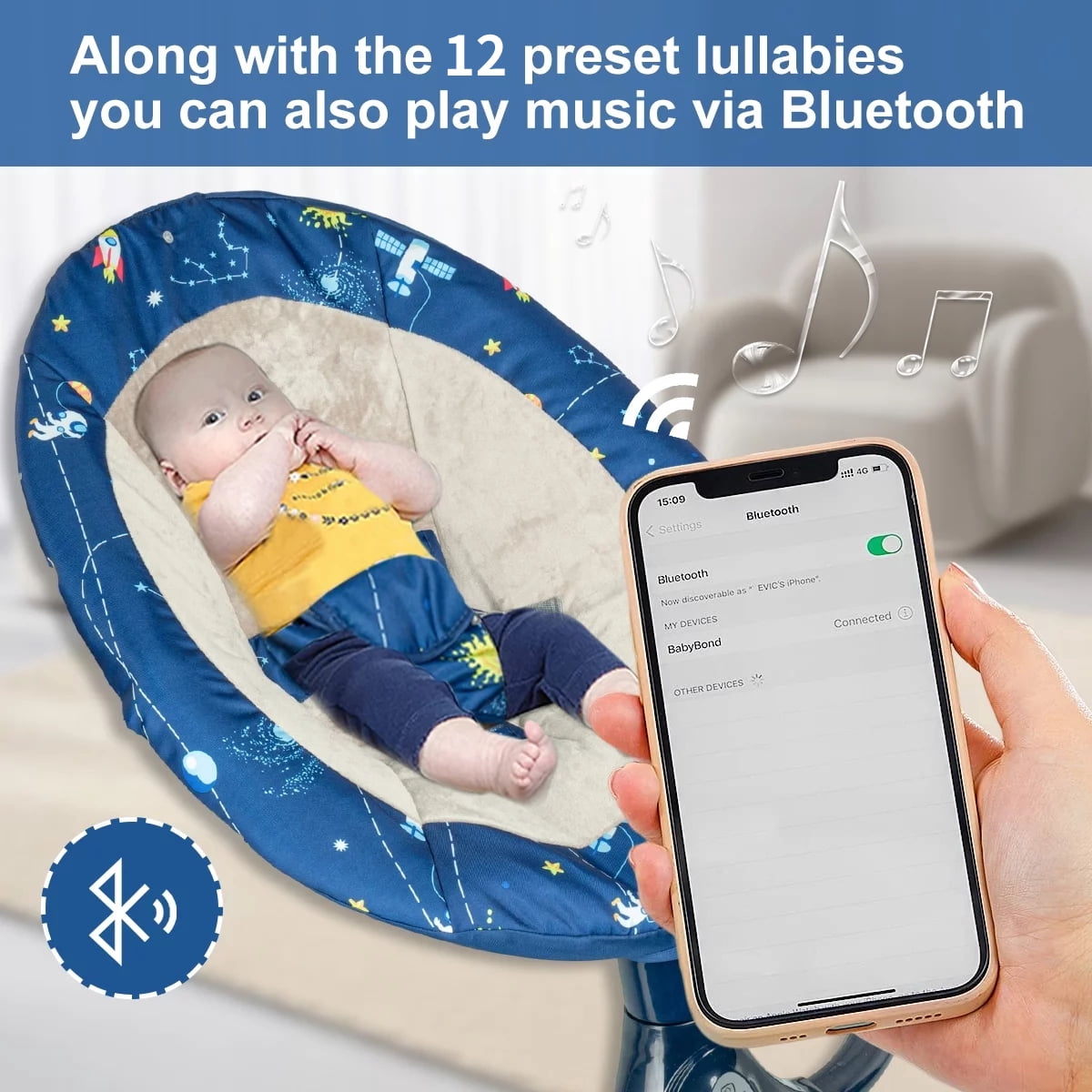 JOJOLAM Electric Baby Swing, Infant Bouncer Chair with Bluetooth Music, 3 Gear Adjustable Seat, 12 Lullabies, 4 Speeds, 4 Timing Set, Blue - Image 4