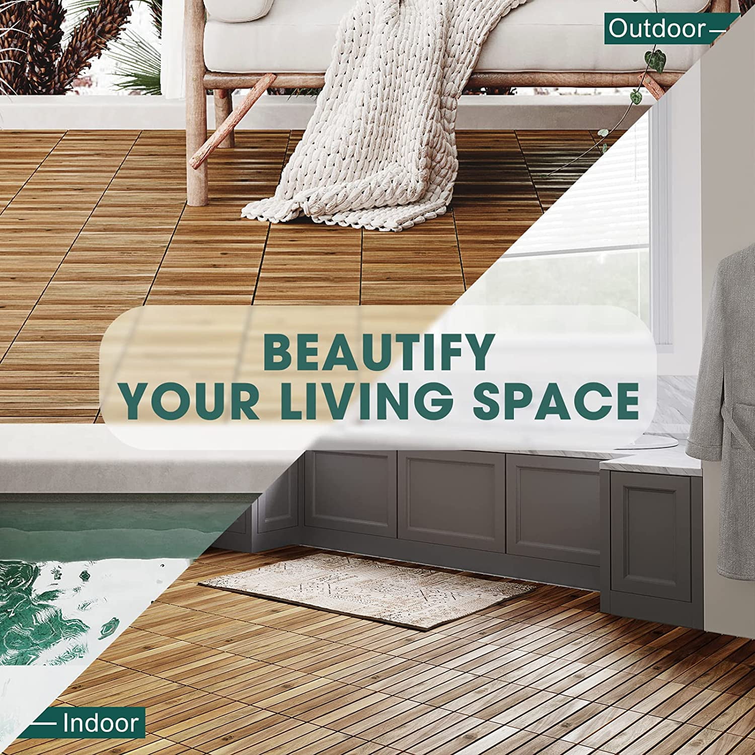 10 Pack Waterproof Interlocking Deck Tiles - Golden Teak - 6 Slats - 12 x 12 x 0.9 in. - Image 8