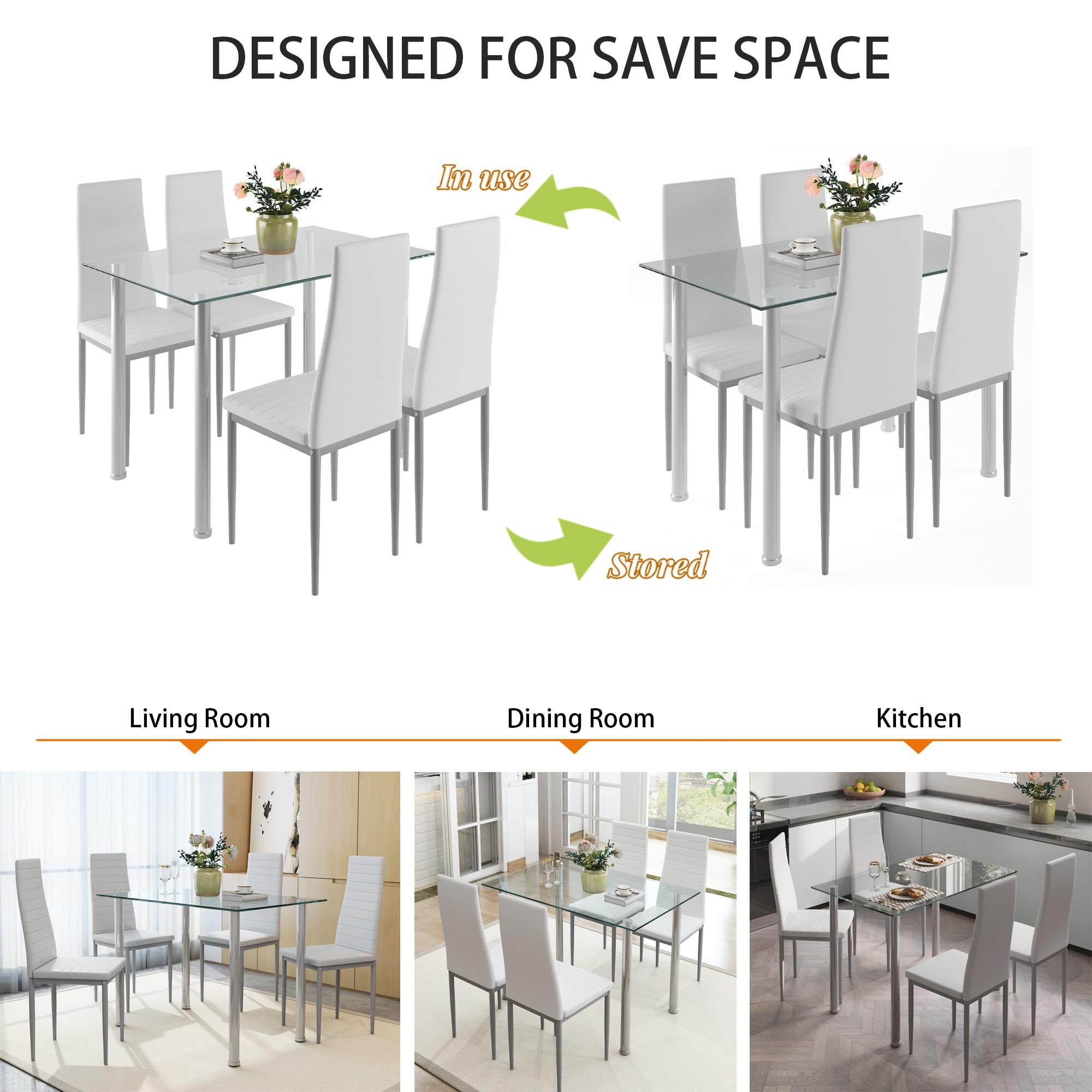 uhomepro White Kitchen Table Set, 5 Pieces Dining Table Set, Tempered Glass Dining Table and Chairs Set for 4, Upgraded Iron Dining Room Table Set with 4 PU Leather Chairs - Image 4