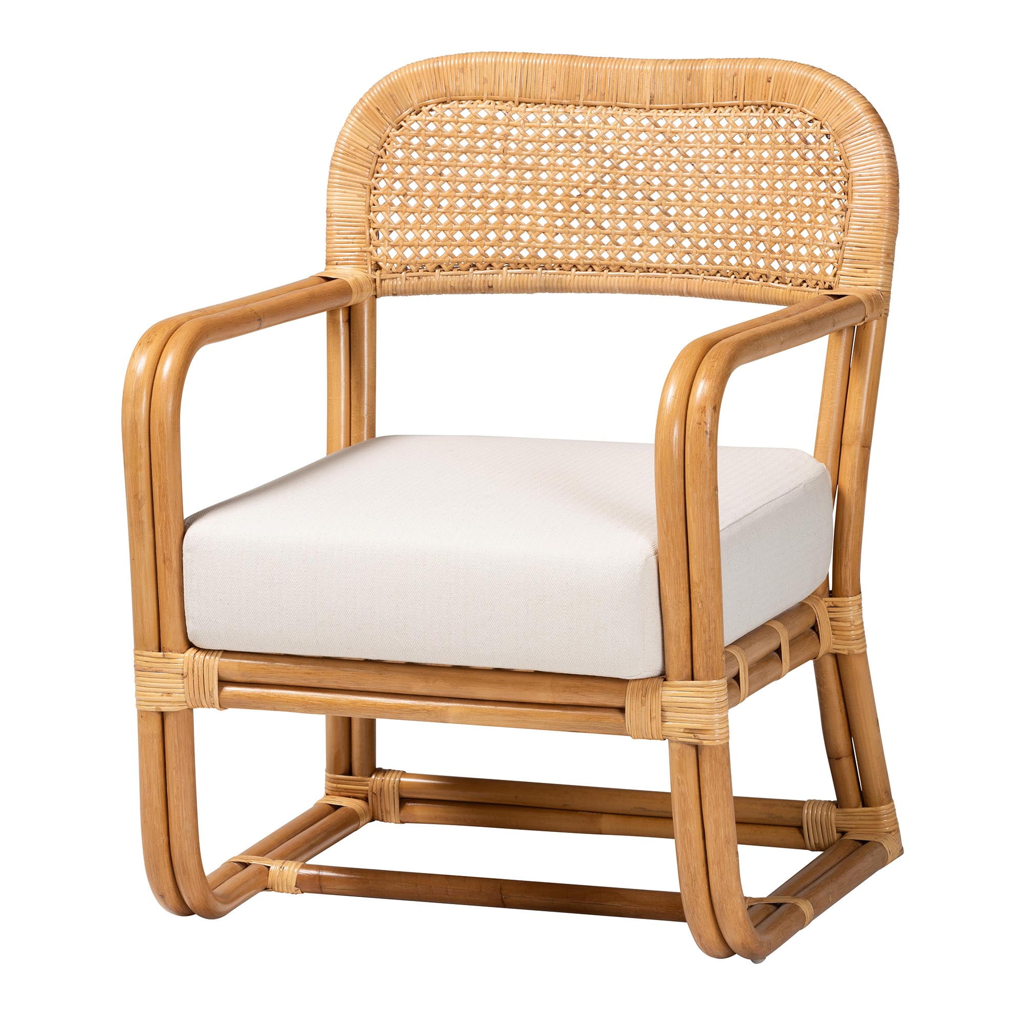 Bali & Pari Bohemian Natural Rattan Fabric Foam Solid Print Arm Chair, White/Light honey - Image 10