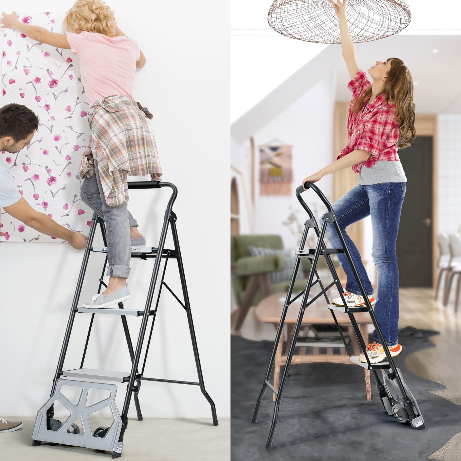 2 in 1 Step Ladder & Hand Truck,Aluminum 3 Step Stool,Folding Ladder with Anti-Slip Pedal,Heavy Duty Dolly Cart, Utility Platform Cart with Wheels - Image 3