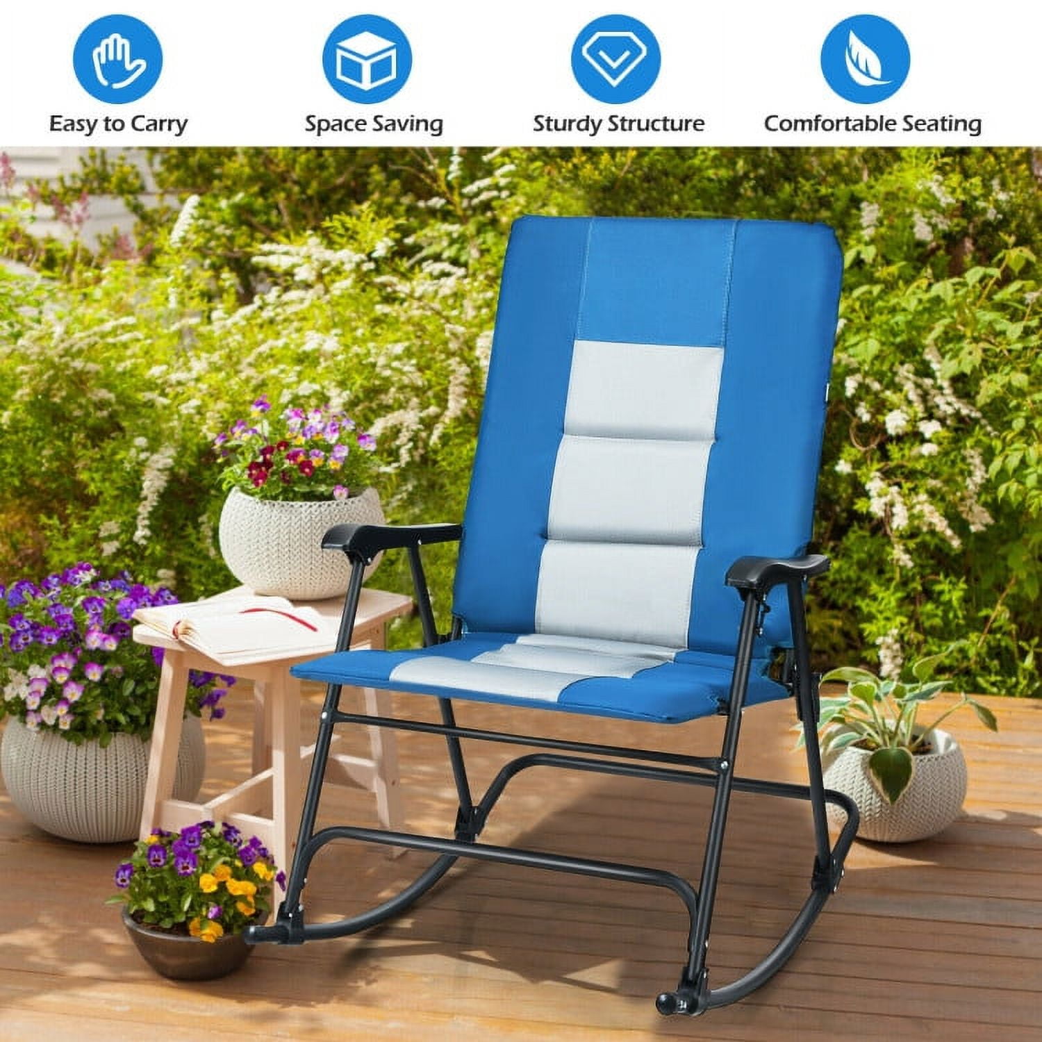 Canddidliike Foldable Rocking Padded Portable Camping Chair with Backrest and Armrest, Chair Rocking Seating for Porch,Backyard,Indoor and Garden, Blue - Image 6