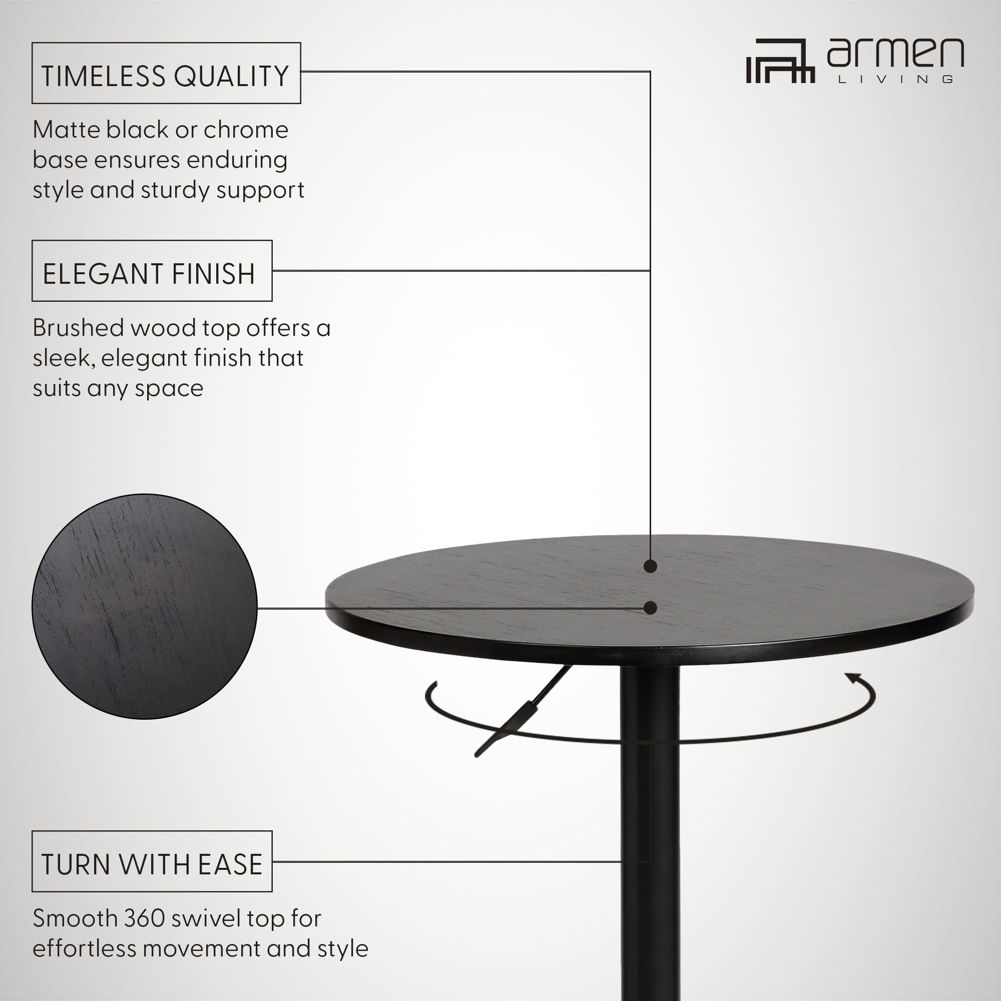 Armen Living Bentley Modern Swivel Adjustable Height Pub Table in Black Wood and Metal - Image 4