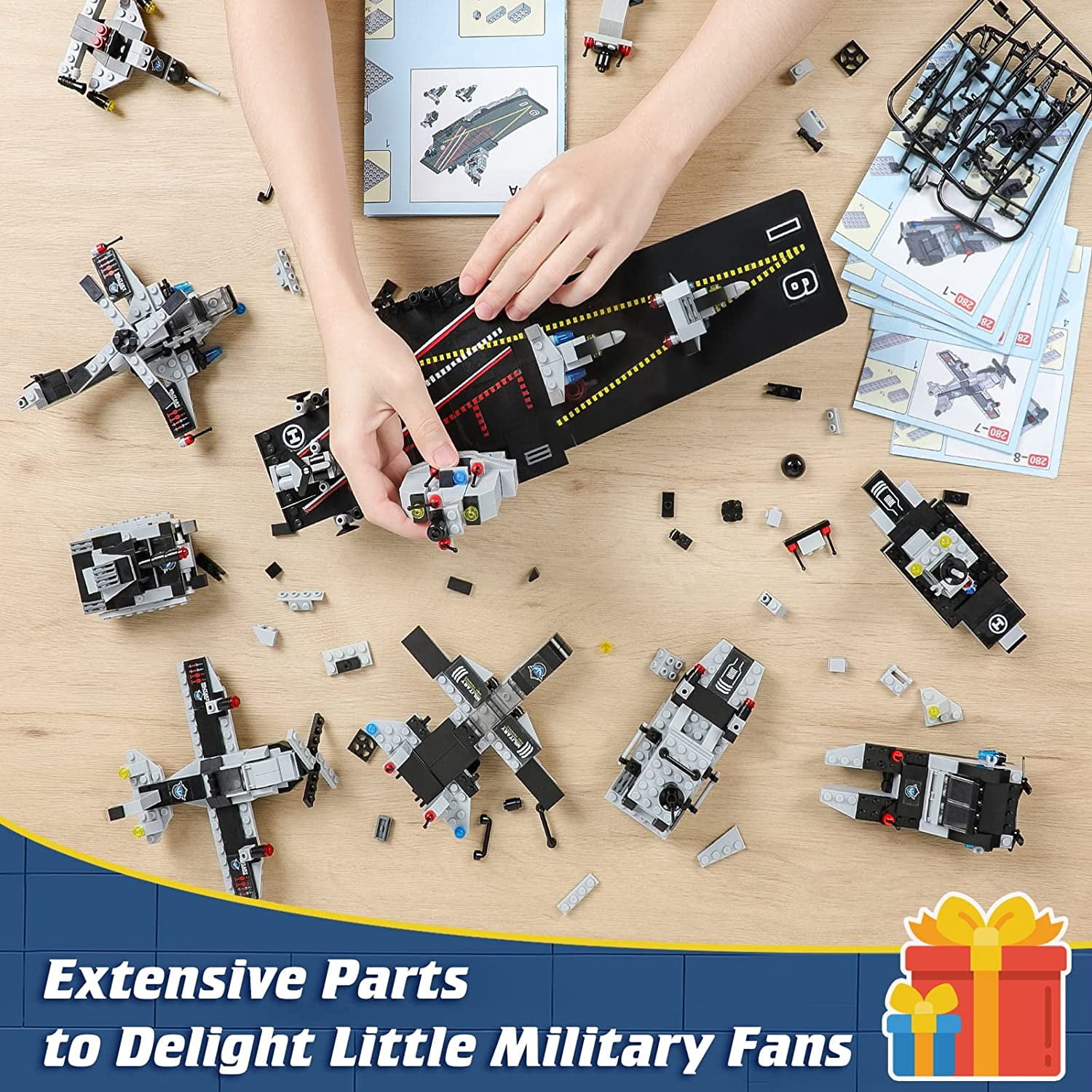 1320 Pieces Aircraft Carrier Building Blocks Set, Military Battleship Model Toy with Army Car, Helicopter & Boat, Military Toys Gift for Kids Boys Girls Age 6-12 - Image 6