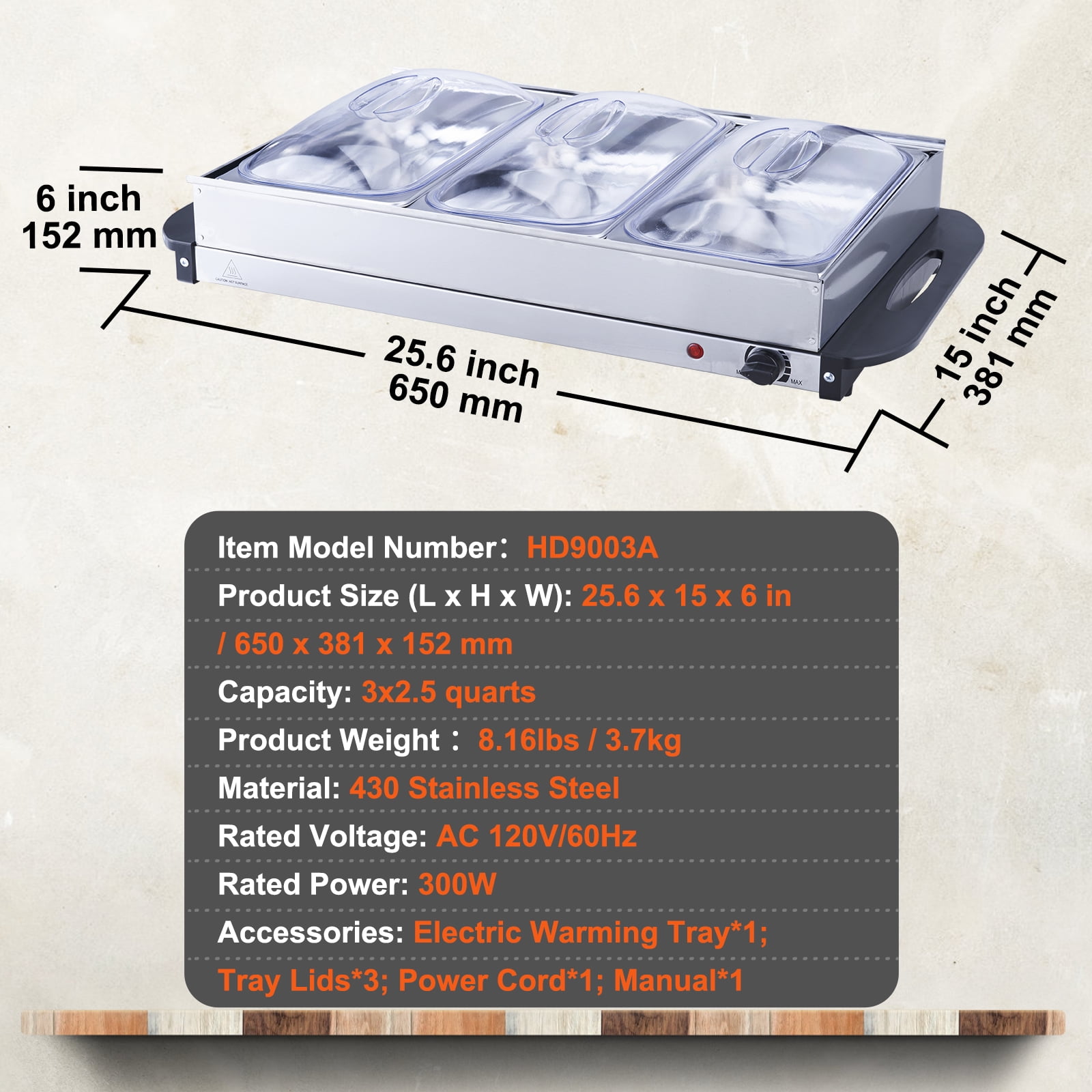 VEVOR 25.6" x 15" Electric Food Buffet Server, Buffet Server Food Warmer with 3 Stainless Steel Warming Pan, Warm Tray for Buffet, Electric Food Warm Tray - Image 8