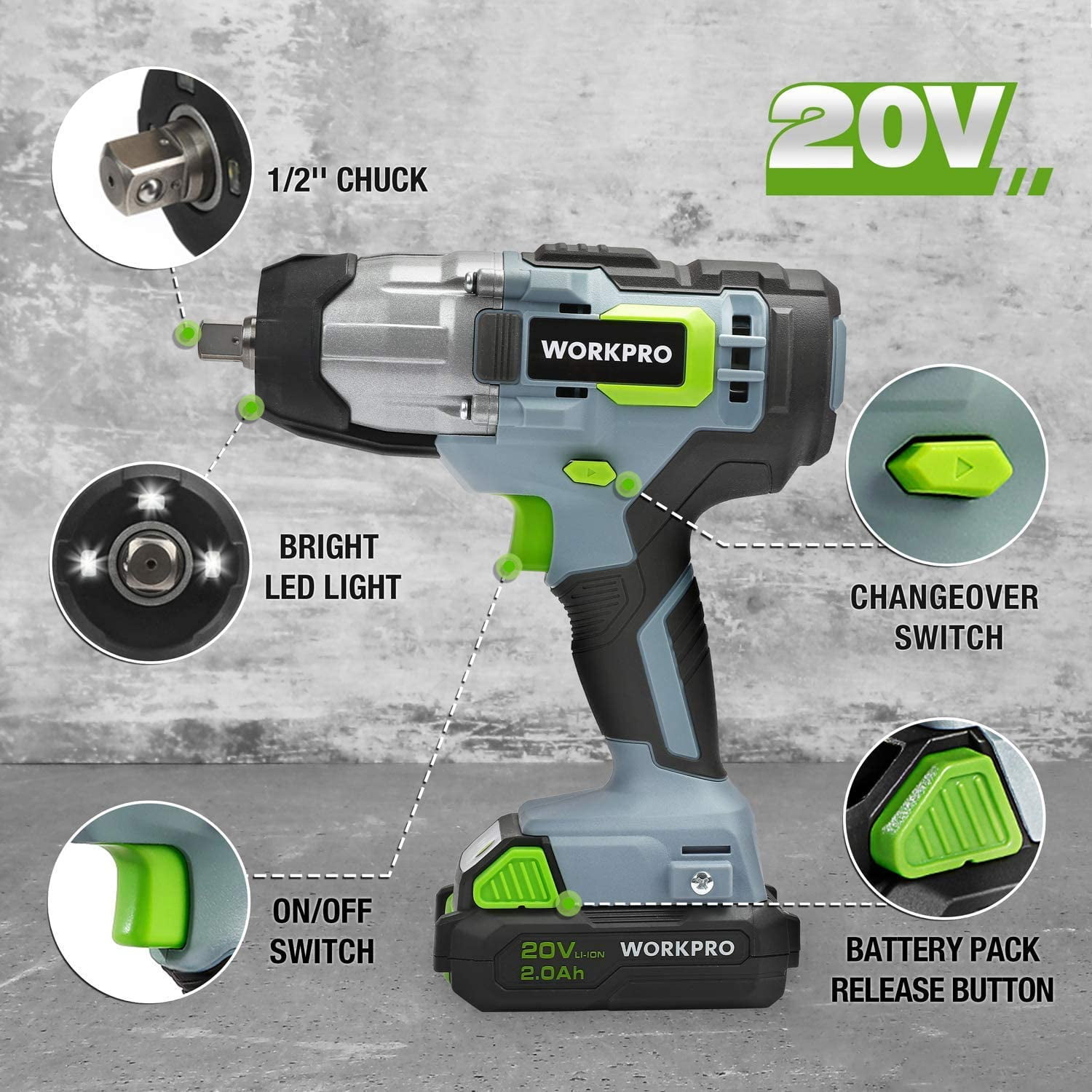 WORKPRO 20V Cordless Impact Wrench, 1/2-inch, 320 Ft Pounds Max Torque, 2.0Ah Li-ion Battery with Fast Charger, Belt Clip for Easy Carrying - Image 5
