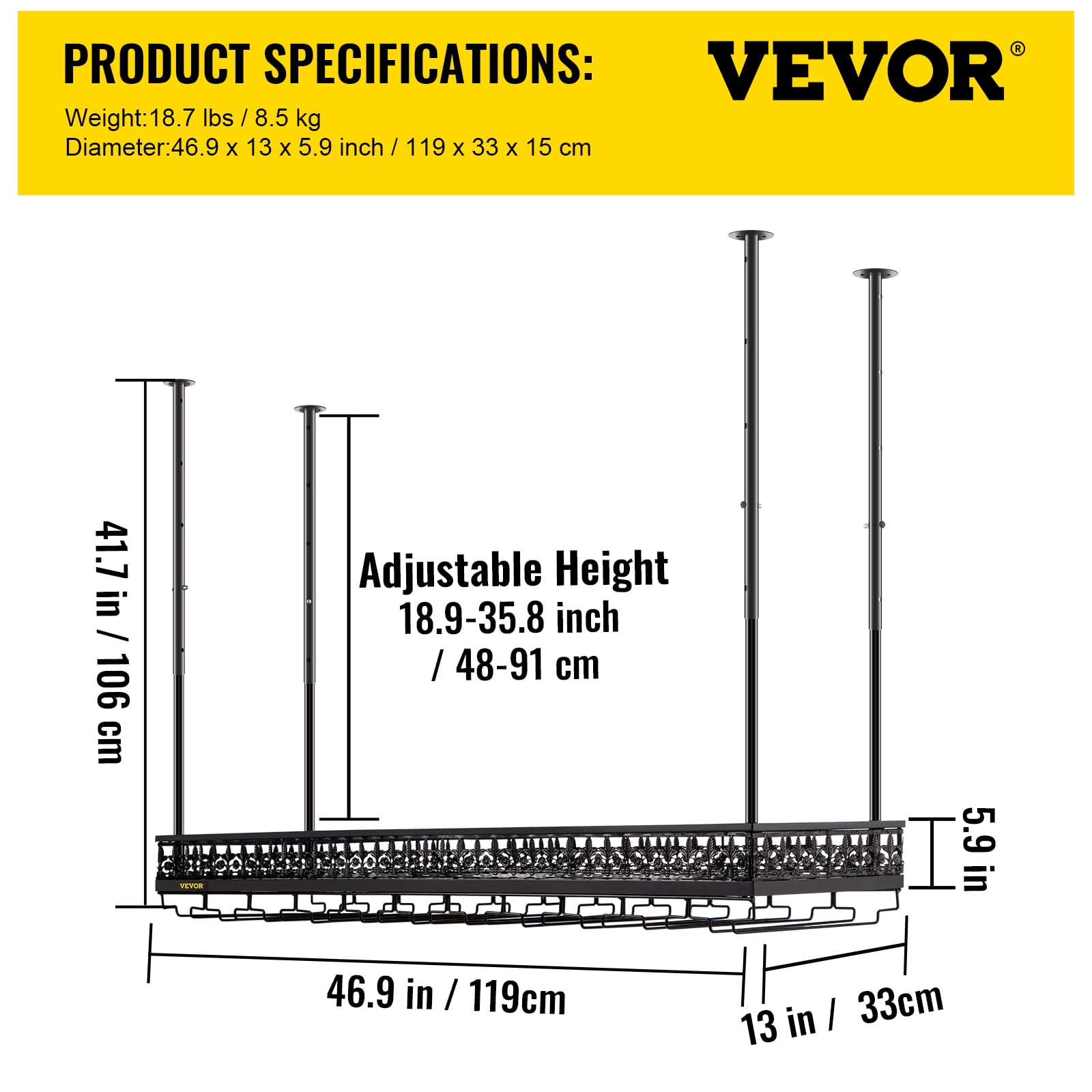 VEVOR Ceiling Wine Glass Rack, 46.9 x 13 inch Hanging Wine Glass Rack, 18.9-35.8 inch Height Adjustable Hanging Wine Rack Cabinet, Black Wall-Mounted Wine Glass Rack Perfect for Bar Cafe Kitchen - Image 4