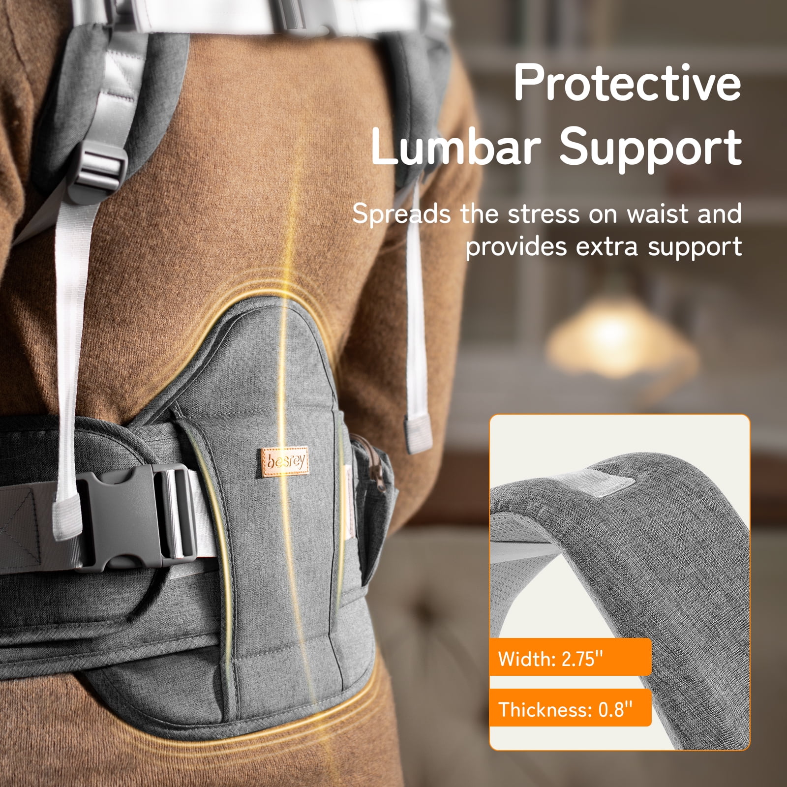 Besrey Baby Carrier with Hip Seat Newborn to Toddler, 7-45lb,Baby Body Holder Chest with Back Support,Gray - Image 7