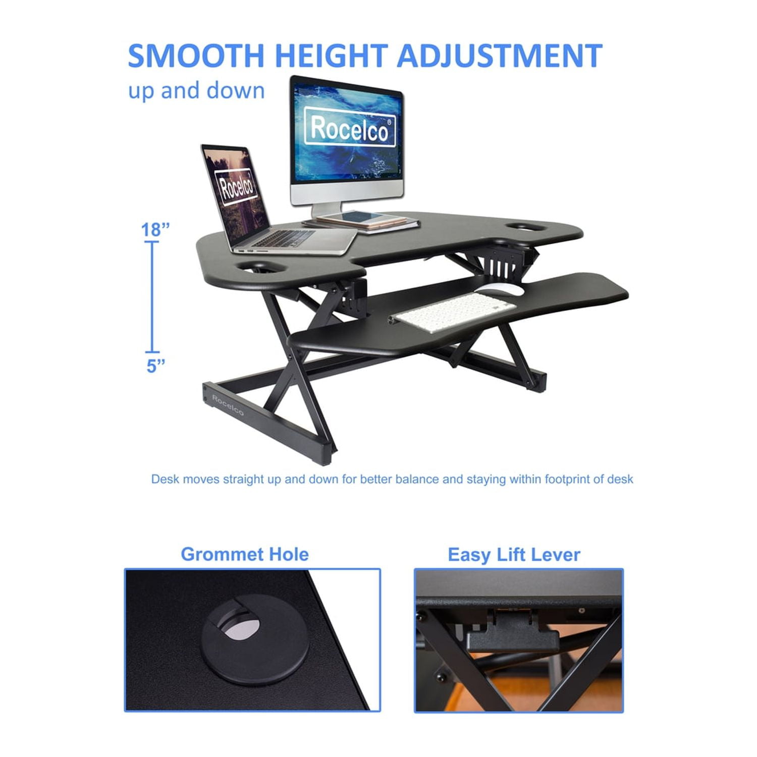 Rocelco 46" Adjustable Corner Standing Desk Converter Black (R CADRB-46) - Image 5