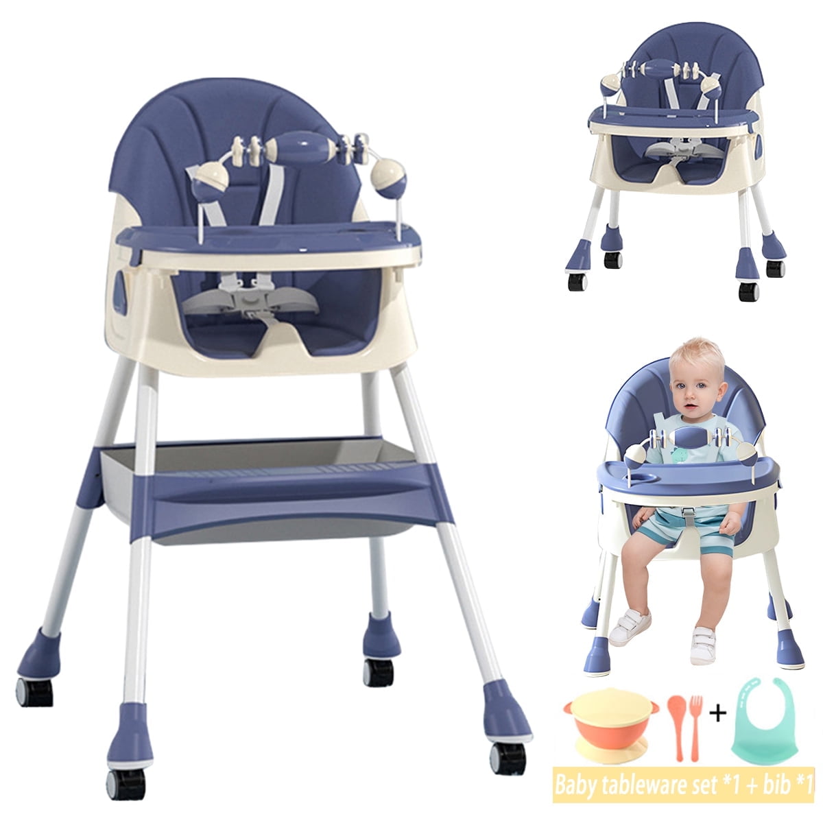 YANAOFFE Baby High Chair 4-in-1 Convertible Baby Highchair with Double-Layer Tray and Toy, Blue - Image 3