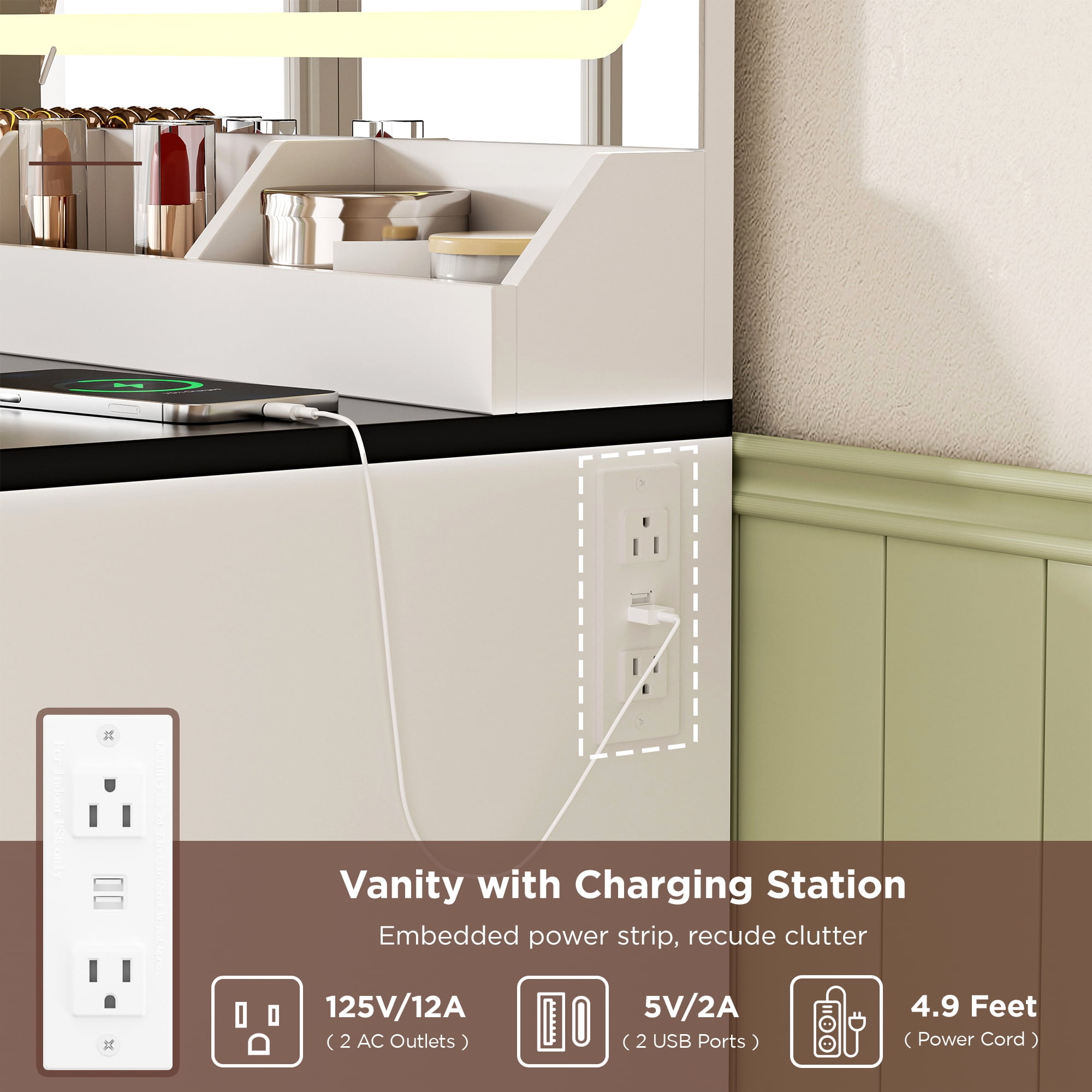 Vabches Vanity Set with Mirror and Lights, Modern Makeup Table with Storage Shelves & Drawers for Bedroom, White - Image 8