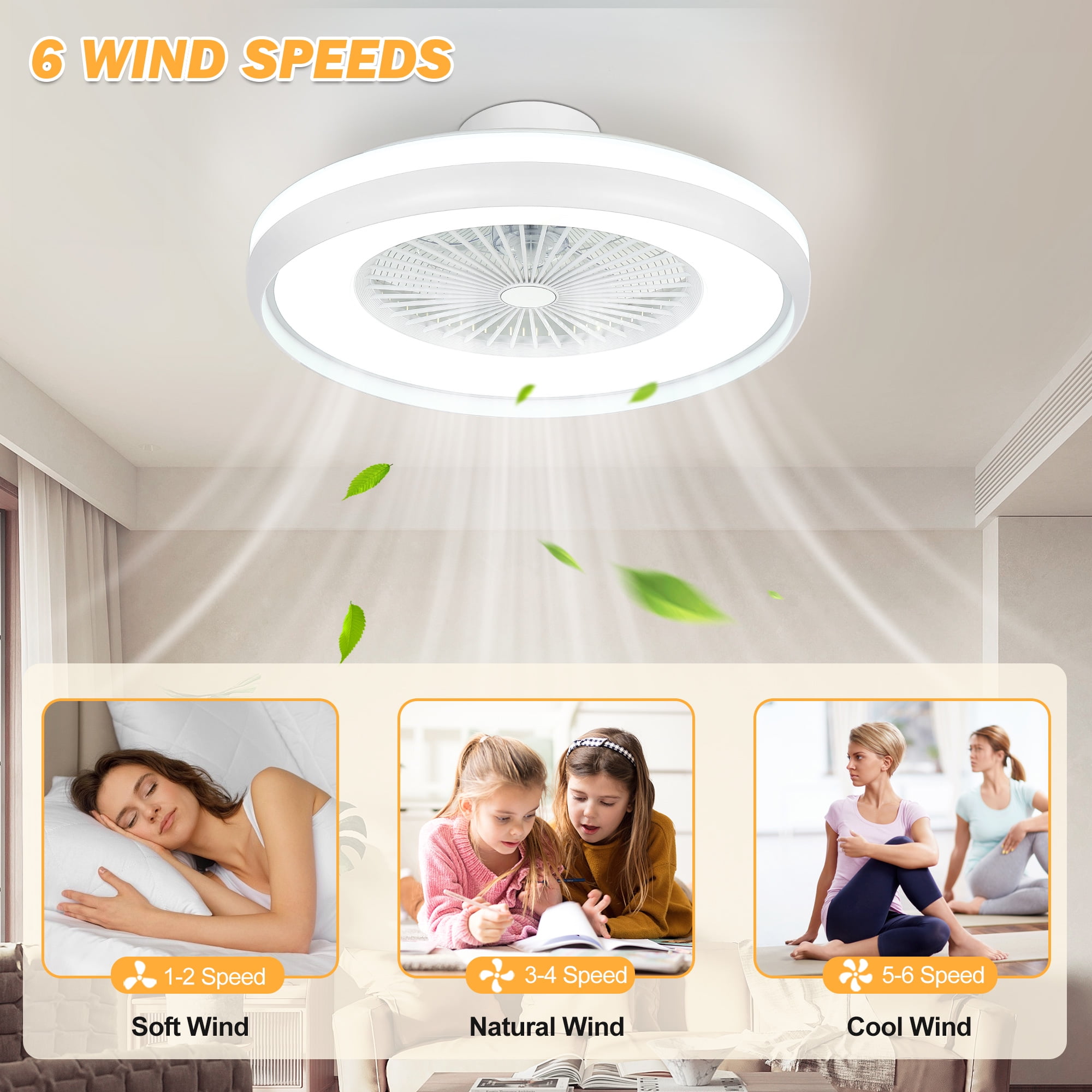24" Ceiling Fans with RGB Light, Voice/App/Remote Control, Smart Dimmable Bladeless LED Fan Light - Image 9
