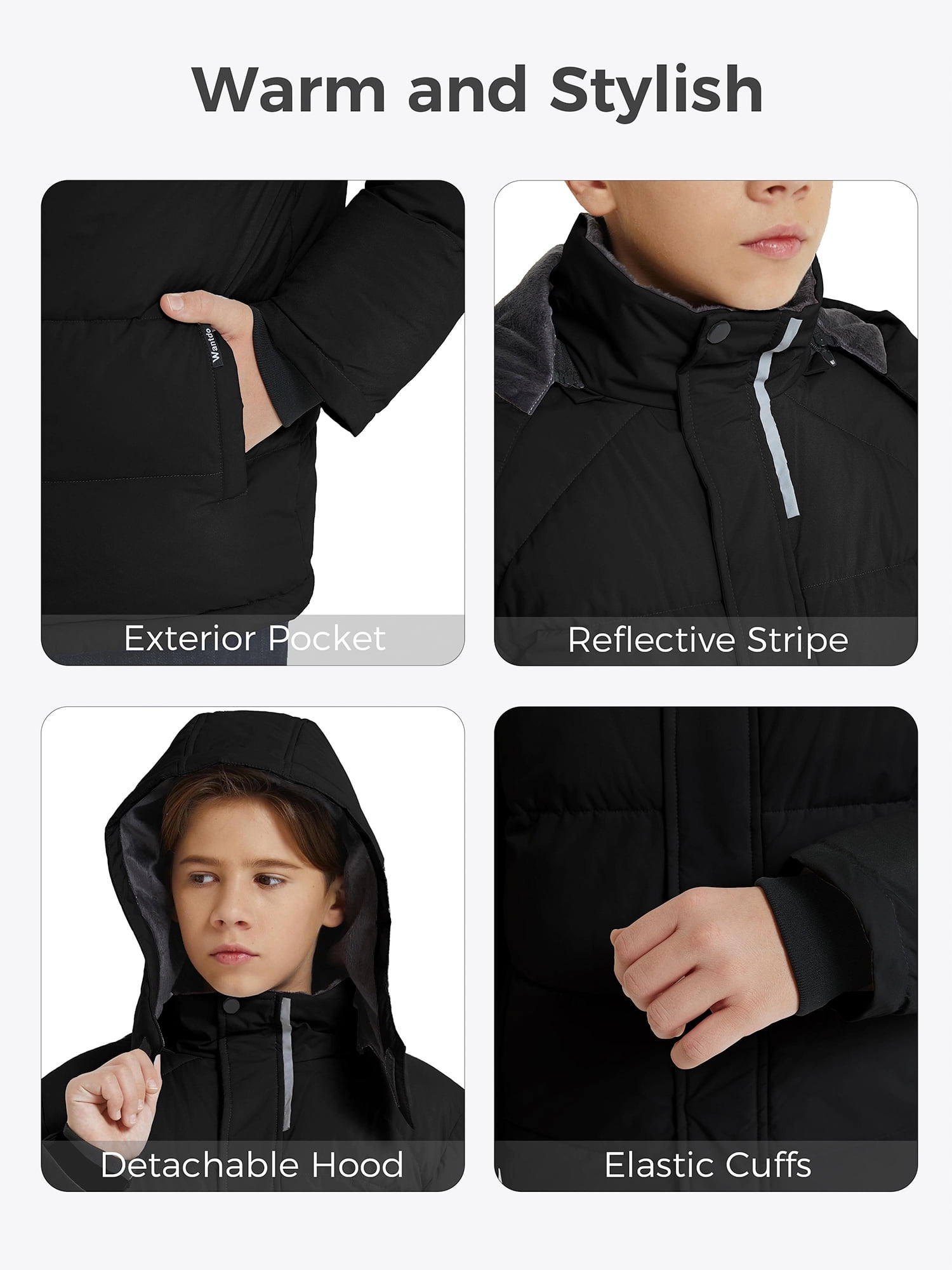Wantdo Boy's Winter Coat Windproof Puffer Jacket Warm Winter Fleece Jacket Black 8 - Image 7
