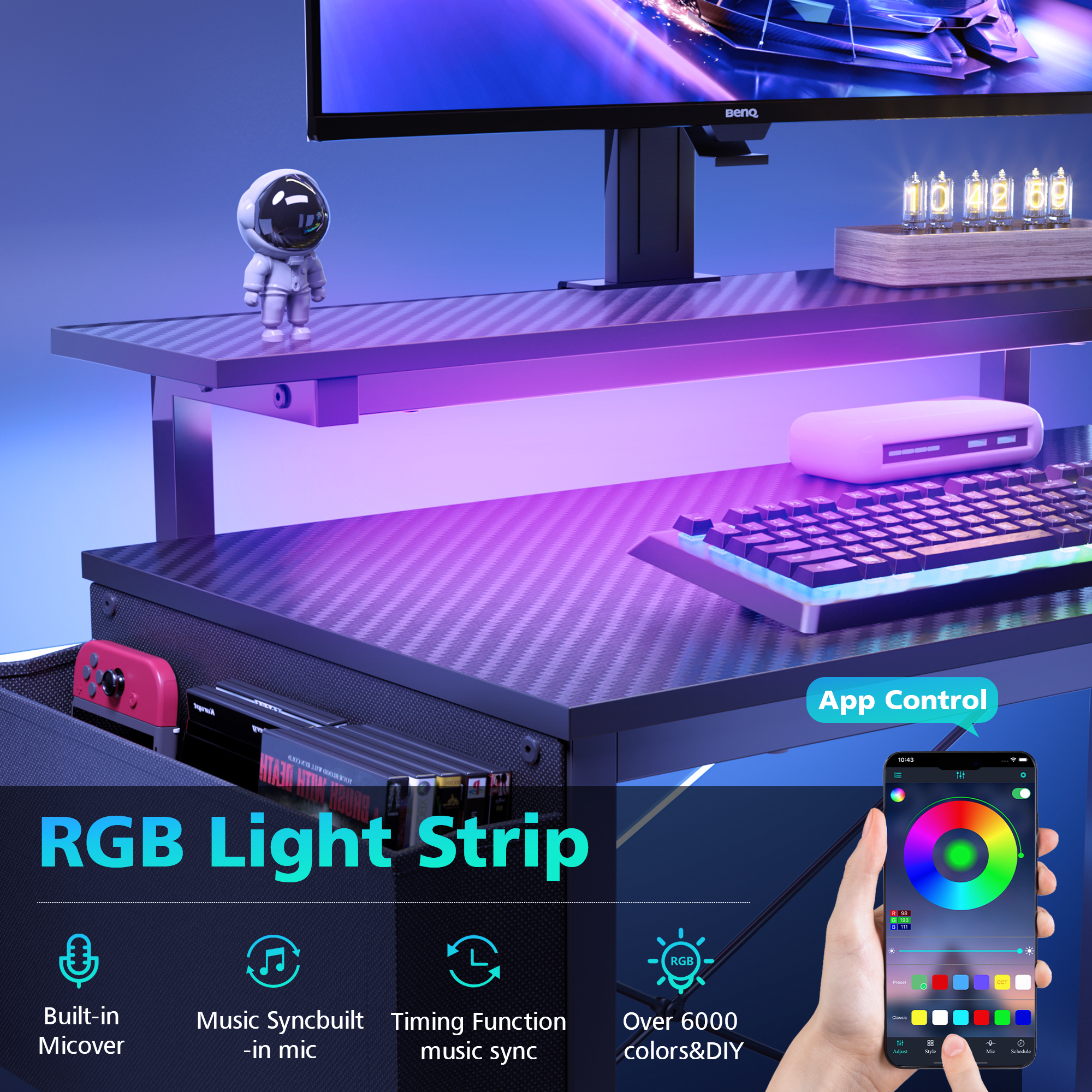 Eunon 42" Gaming Desk with LED Lights Small L Shaped Desk with Power Outlets Monitor Stand Corner Computer Desk,Black Carbon Fiber - Image 4