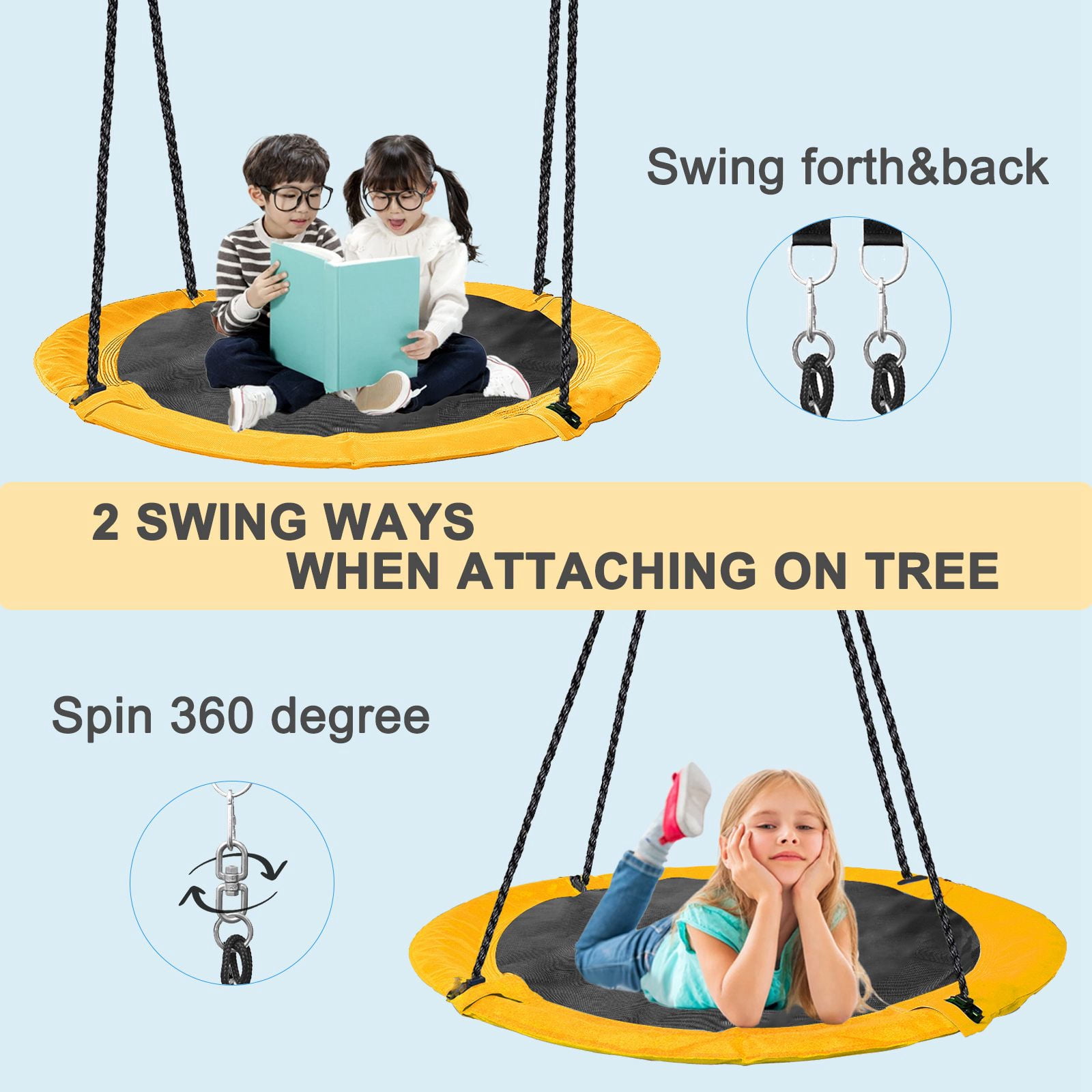 43" Saucer Tree Swing 700lbs Round Swing For Kids,Waterproof 360 Rotate, w/ 1 Swivel,2 Adjustable Ropes&2 Hanging Straps,Easy To Install,Outdoor Backyard Playground - Image 7