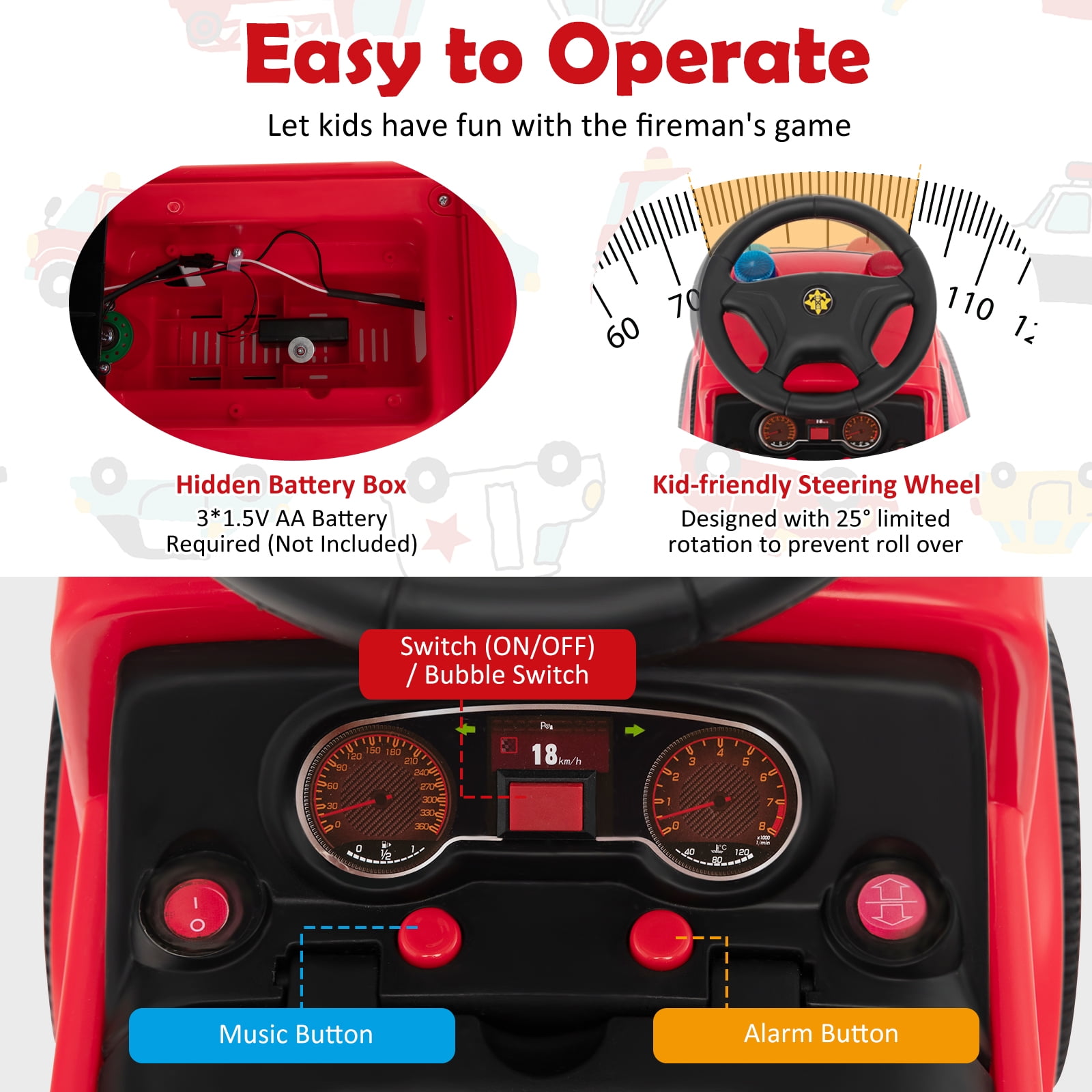 Costway Kids Ride On Fire Truck Foot-to-Floor Sliding Push Car w/ Music & Bubble Maker - Image 4