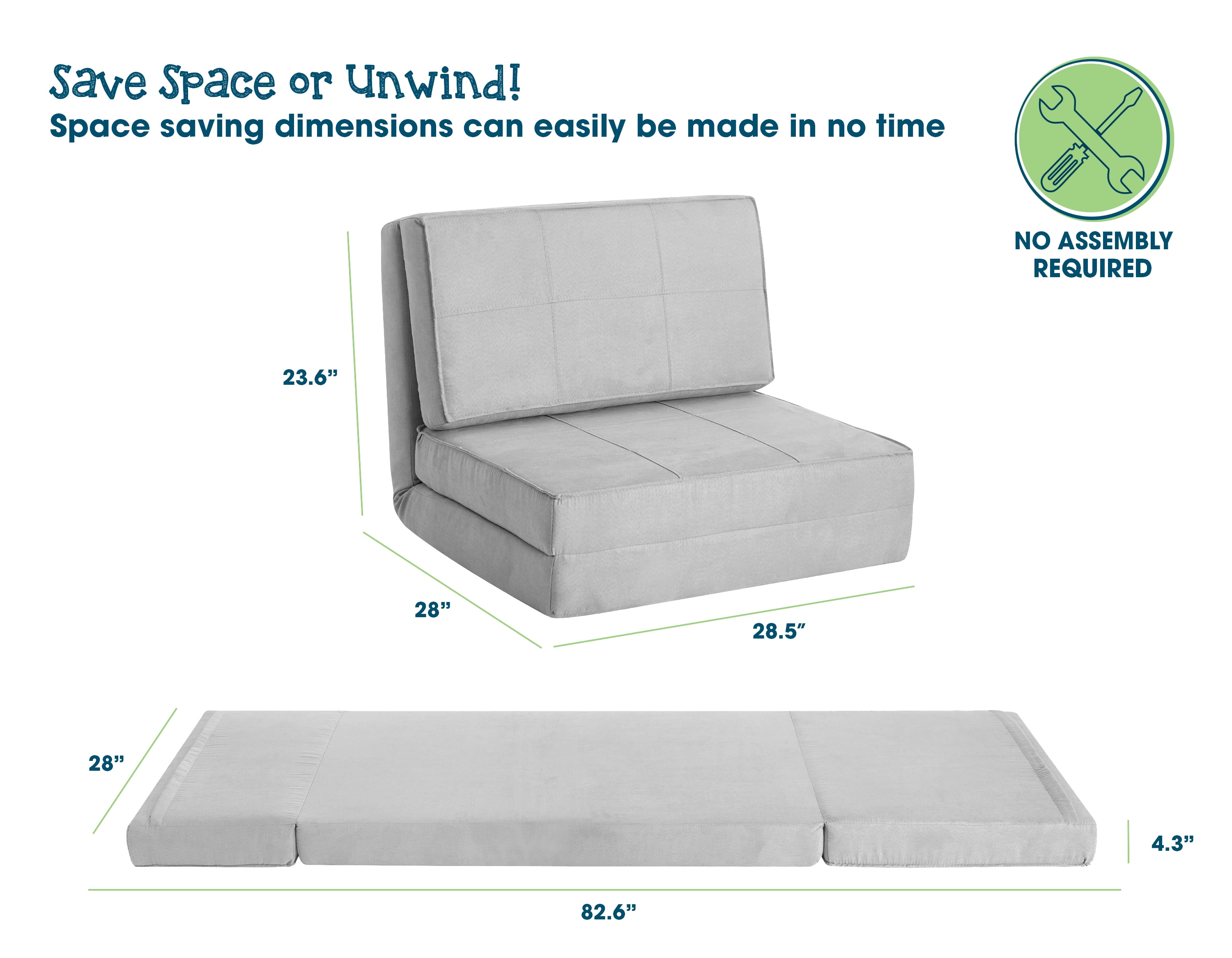 Your Zone Ultra Soft Suede 3 Position Convertible Lounge Flip Chair, Silver - Image 4