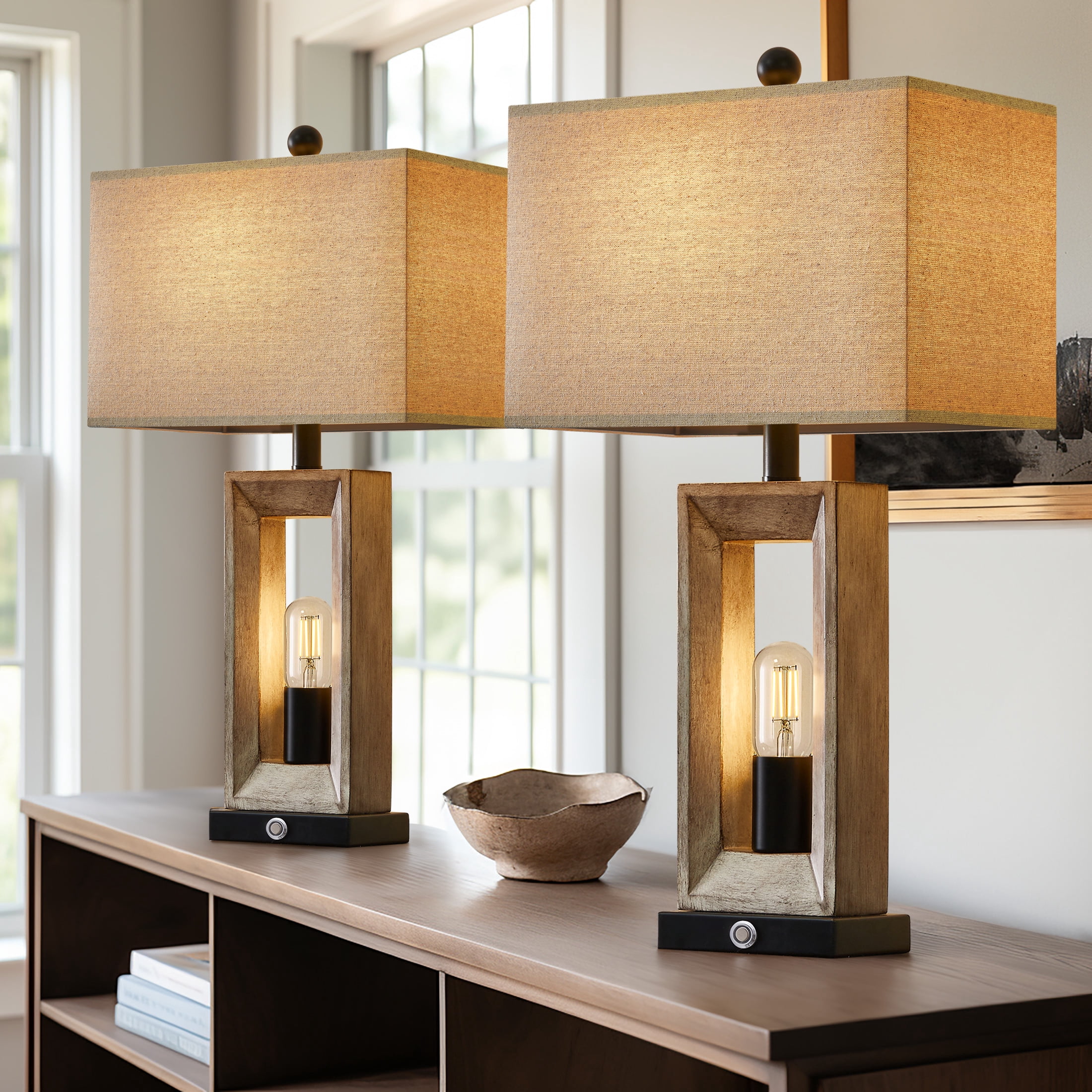 Yokila 3 Way Dimmable Touch Table Lamp Set of 2 with USB Ports for Living Room Bedroom 25" Retro Resin Bedside Nightstands Lamps(4 Bulbs Included) - Image 9