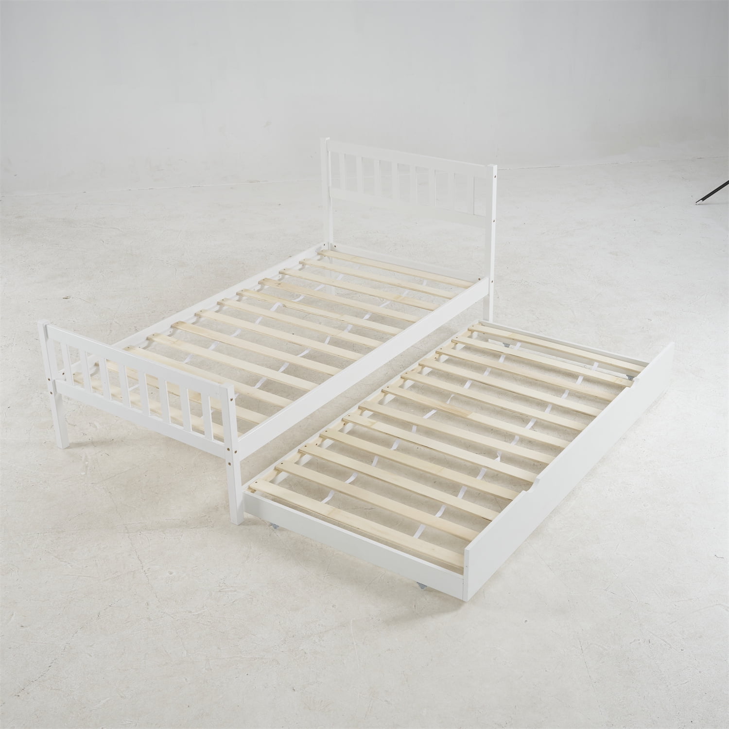 Zimtown Twin Bed with Trundle, Solid Wood Bed Frames with Headboard and Wooden Slats Support, Twin Trundle Bed Frame Roll Out, White - Image 8