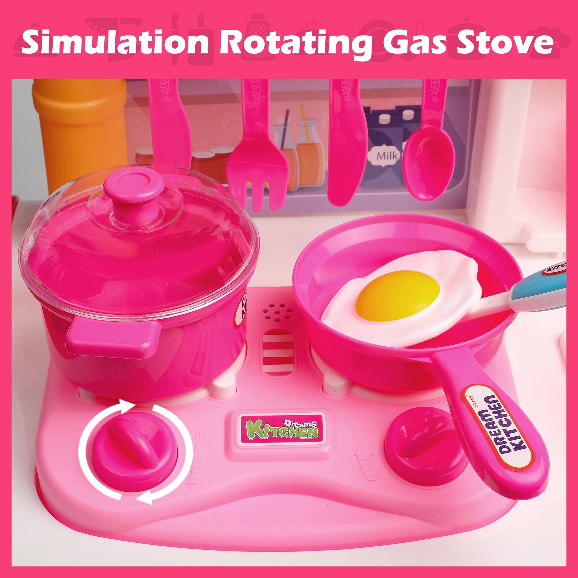 JBeeCtrl Play Kitchen Set for Kids Girls 33Inch Pink Toy Pretend Food Kitchen Toys Gift for Toddlers Girls Boys Age 3 4 5 6 7 - Image 4