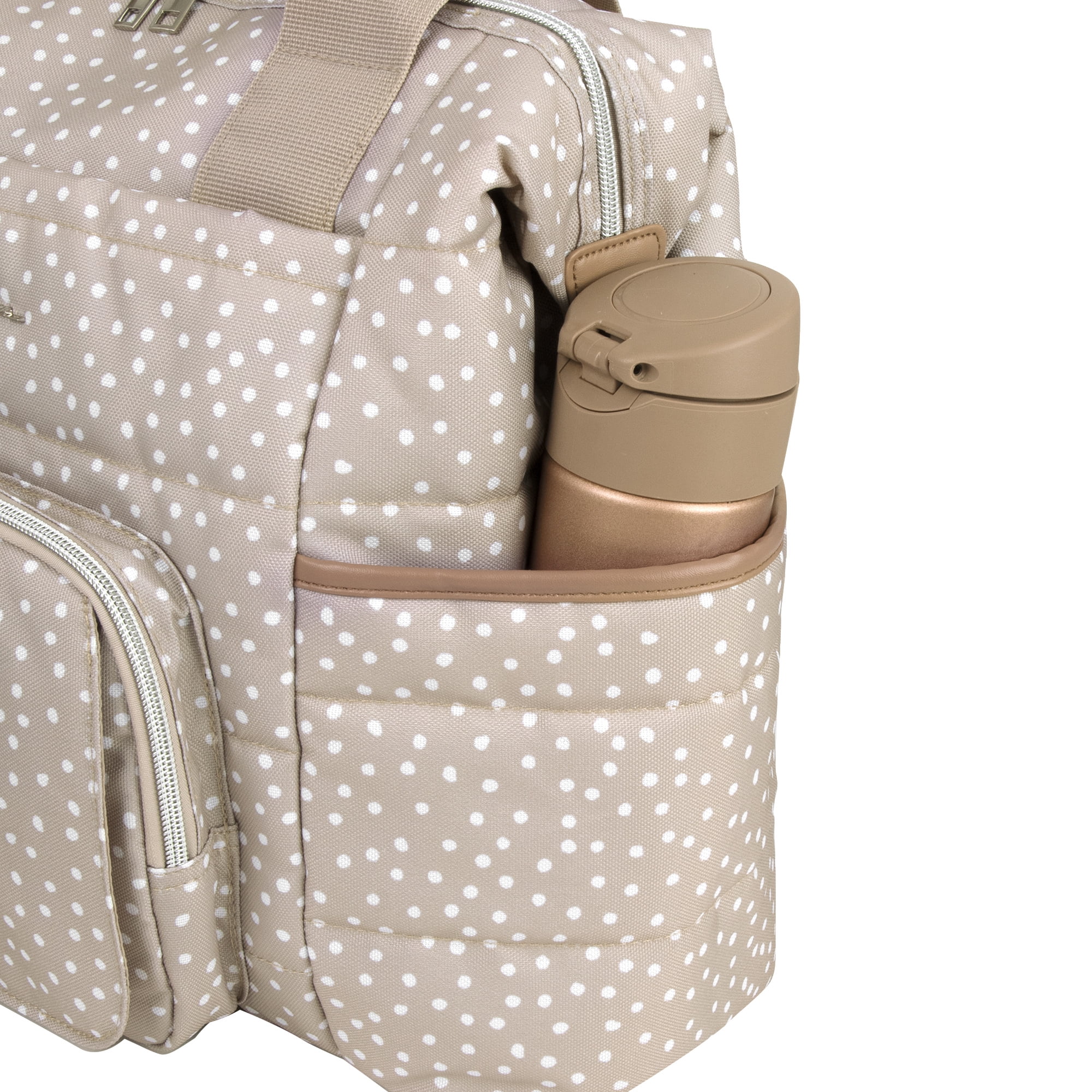 Jessica Simpson Quilted Baby Essentials Multifunction Multi-Pocket Fashion Diaper Bag Luggage Tote with Magnetic Front Wipes Pocket, Bottle Pockets & Changing Pad for Infant Boys & Girls in Taupe Dots - Image 9