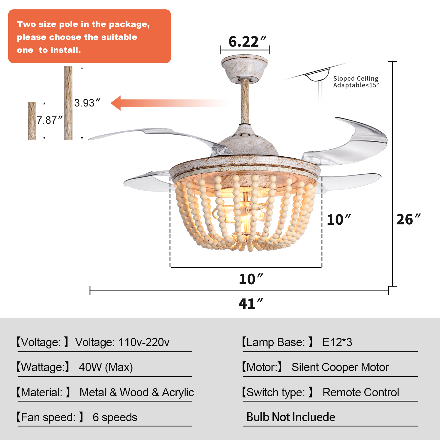 Wood Bead Ceiling Fan with Lights, Boho Chandelier, Reverse Retractable Blades, 42 inch 6-Gear Speed, Remote Control, Timing Function, For Kitchen, Living room, Bedroom (Bulb Not Included) - Image 3