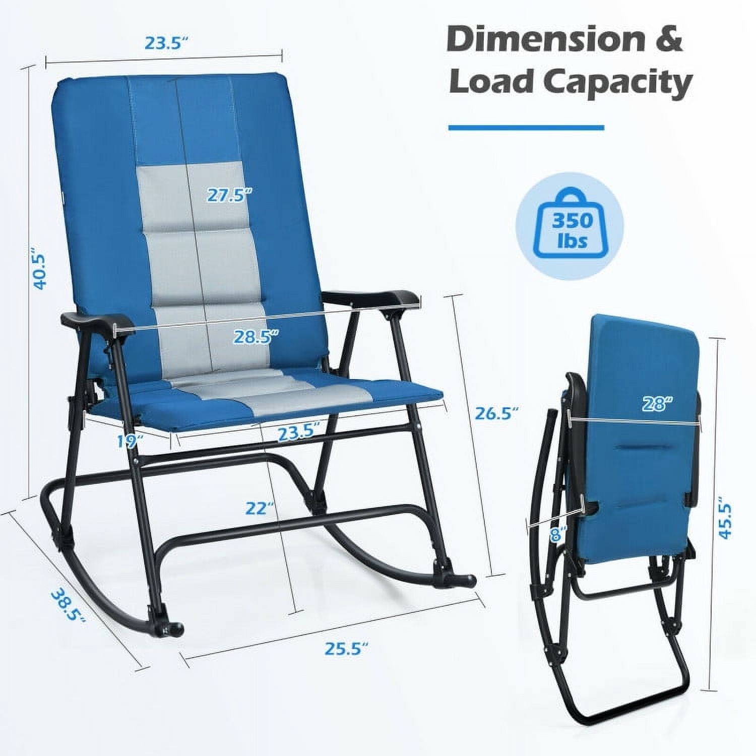 Canddidliike Foldable Rocking Padded Portable Camping Chair with Backrest and Armrest, Chair Rocking Seating for Porch,Backyard,Indoor and Garden, Blue - Image 8