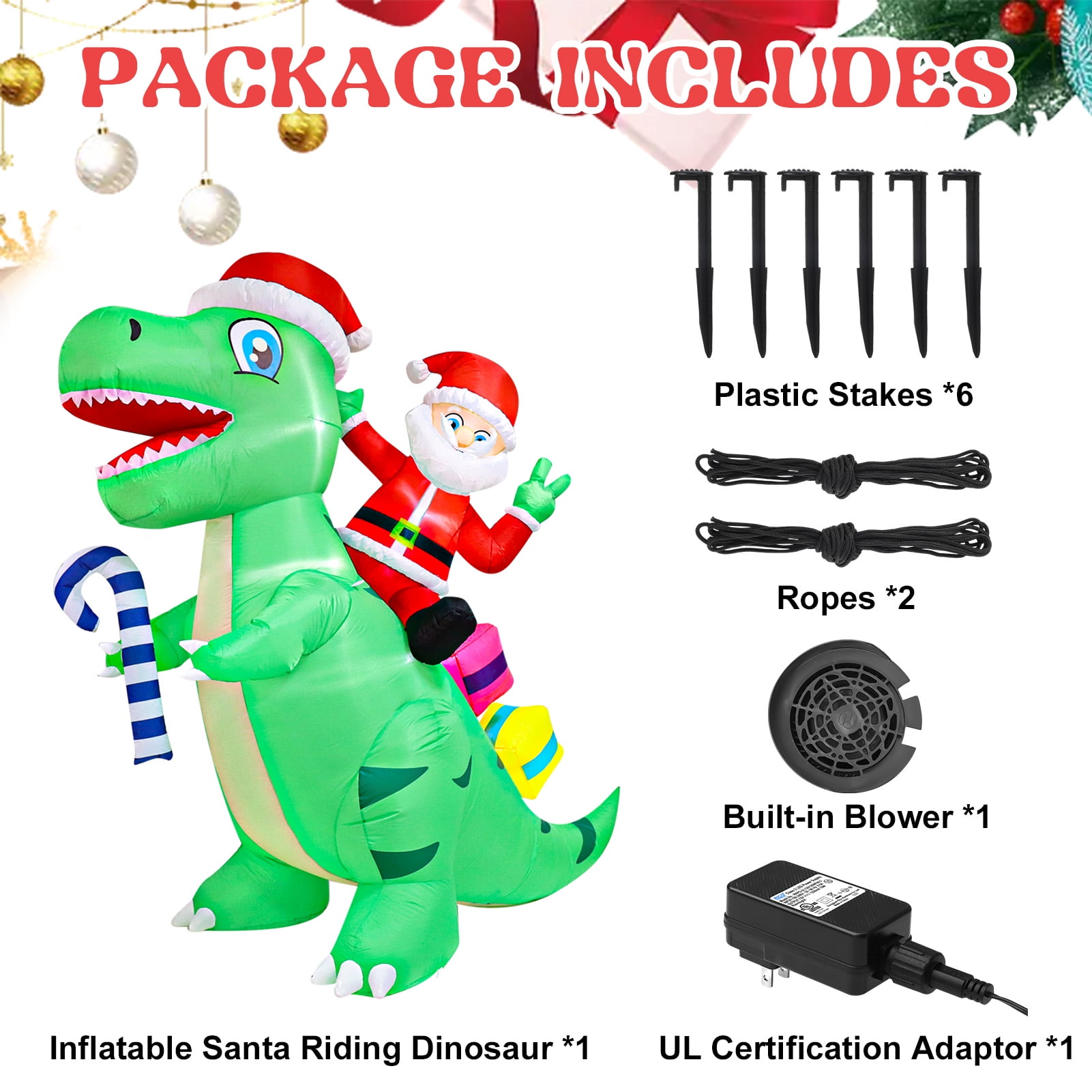 HEQUSIGNS Christmas Inflatable Santa Dinosaur Decoration, 7 FT Giant Blow Up LED Light Up Inflate Santa Dinosaurs Decor for Christmas Indoor Outdoor Yard Garden Party Decorations - Image 4