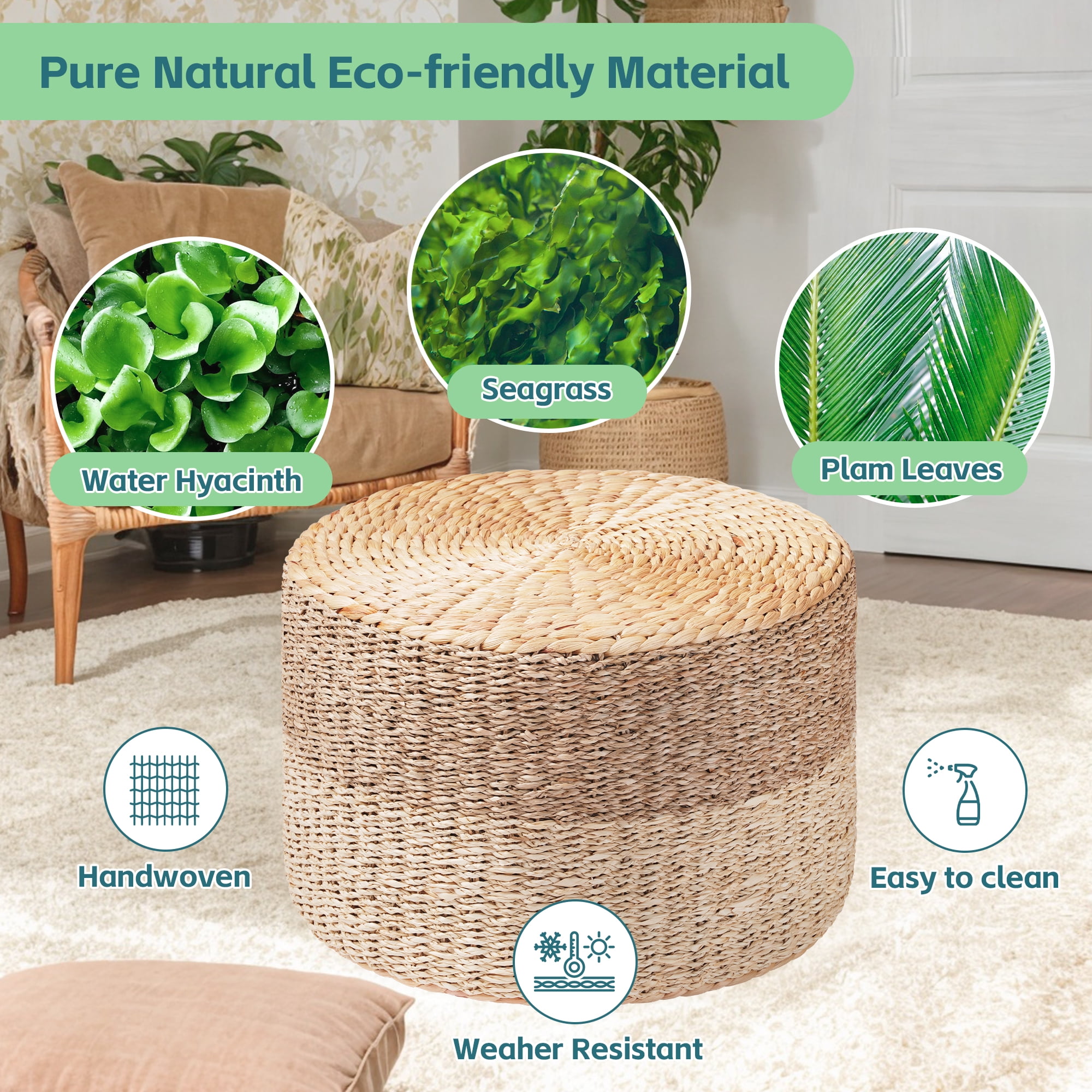 TrumanPick Pouf Ottoman Set of 2 Handwoven Rattan Footrest Boho Footstool 12"H x 18"W Load 350 lbs, Natural - Image 8