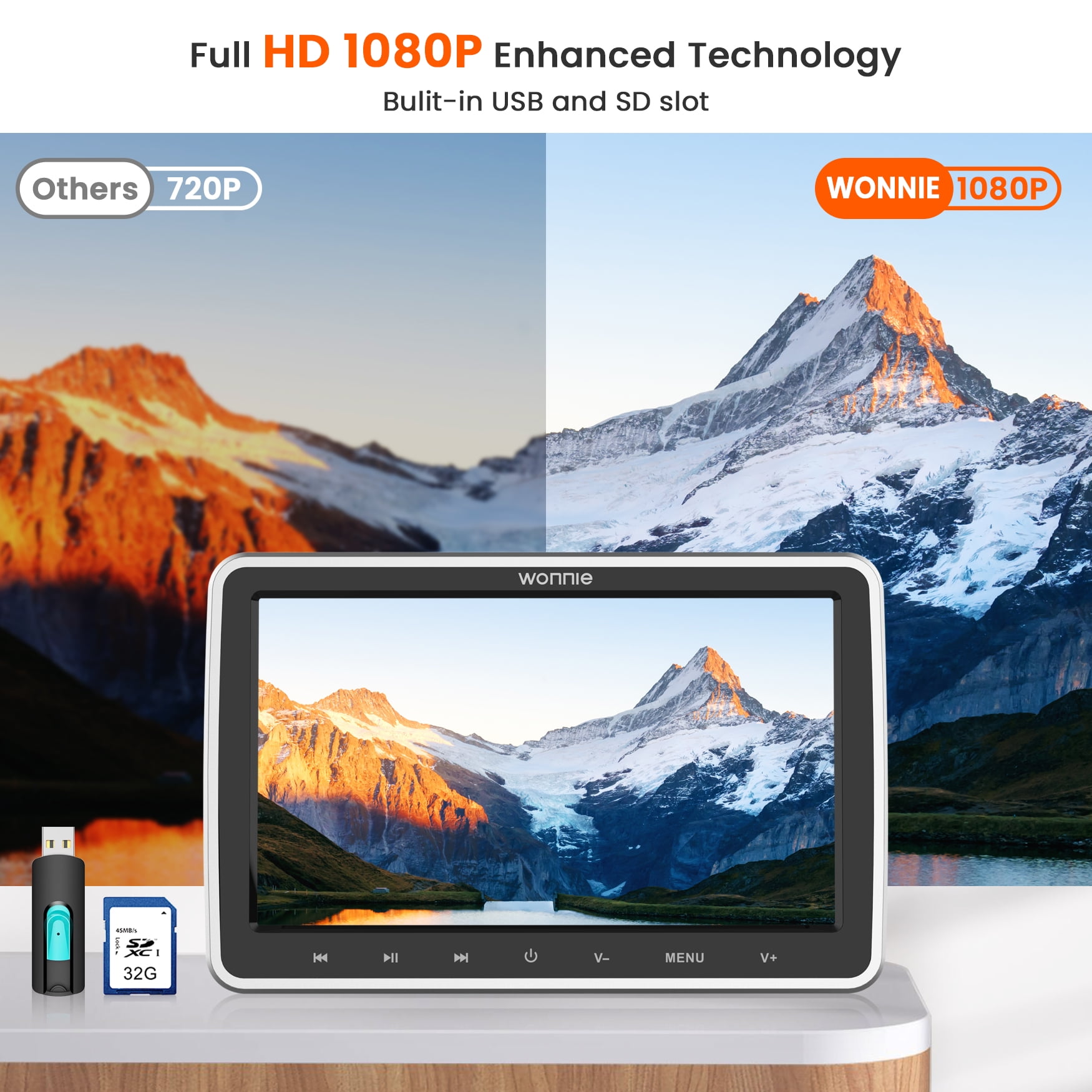 Wonnie 10.5" Headrest DVD Player for Car, Portable DVD Player with Headrest Mount & Headphone, Car DVD Player Support 1080P Video, HDMI Input, USB, SD, AV in /Out, Last Memory,Best Gift Idea for Kids - Image 11