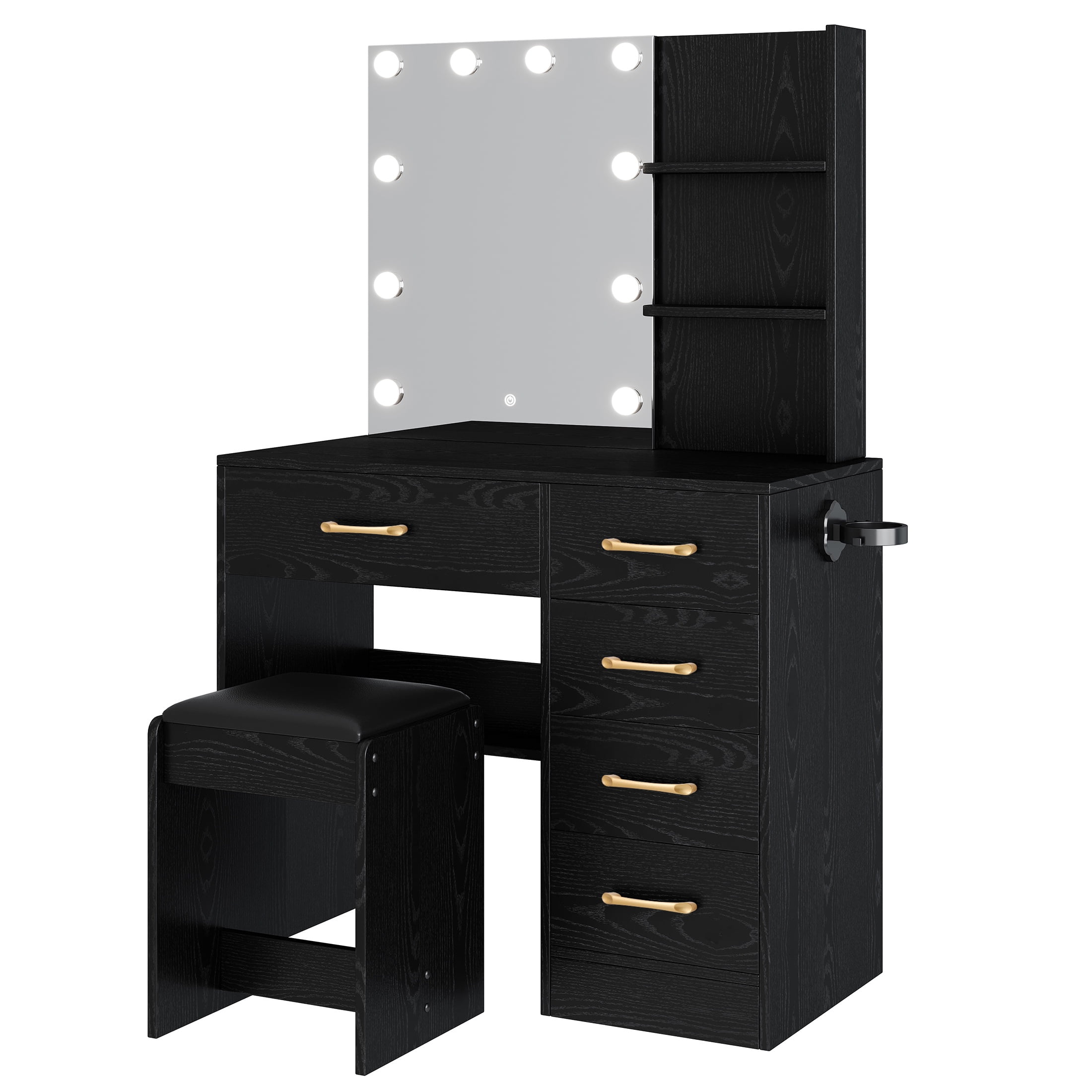 Vanity Set with Mirror, UHOMEPRO Lighted Makeup Vanity Desk with 5 Drawers, 3 Storage Shelves, Hair Dryer Rack, and Cushioned Stool, Modern Makeup Desk Dressing Table for Girls Bedroom, Black - Image 7