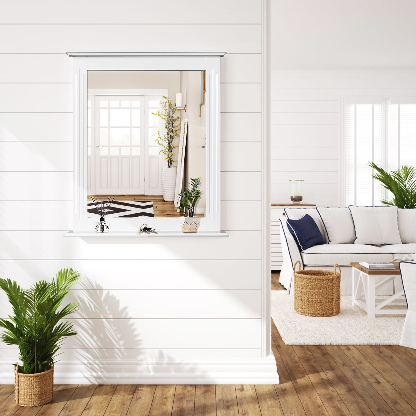 Topbuy Square Vanity Makeup Mirror Bathroom Wall Mirror w/ Holding Shelf White - Image 7