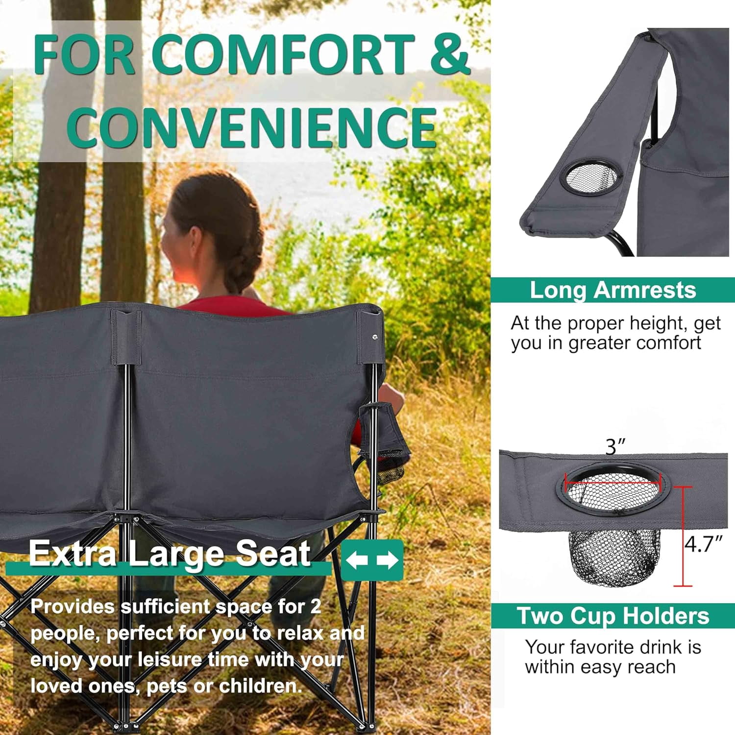 Double Camping Chair, Outdoor Folding Loveseat Chair Supports 500 LBS, Portable Oversized Lawn Chair with Cup Holders for Backpacking Hiking Picnic, Sturdy Steel Frame & 600D Oxford Fabric - Image 9