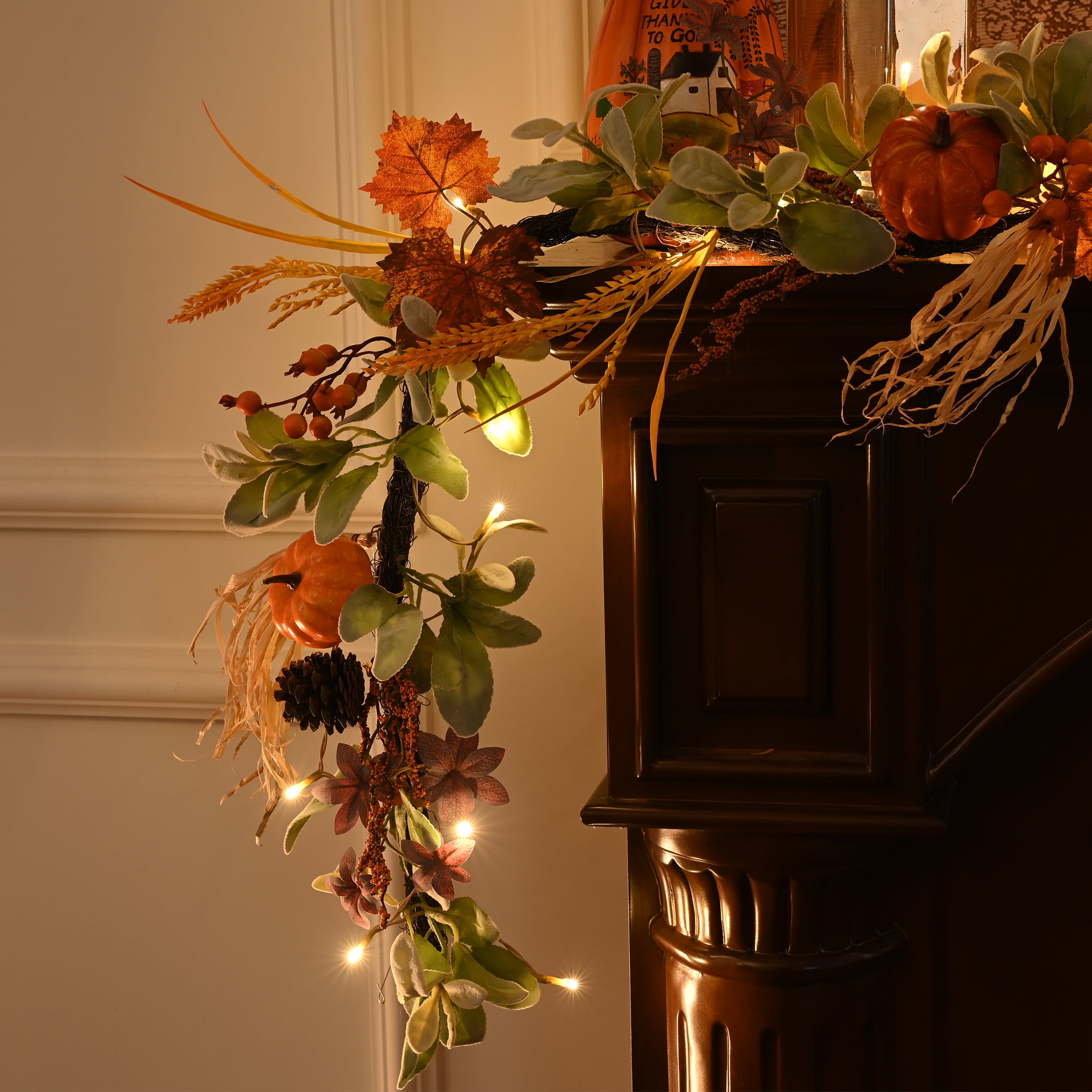 Valery Madelyn 6 ft Pre-Lit Fall Garland Lighted Thanksgiving Garland with Orange Pumpkin & Maple Leaf & Wheat for Fireplace Farmhouse Front Door Indoor Swing Frames - Image 4
