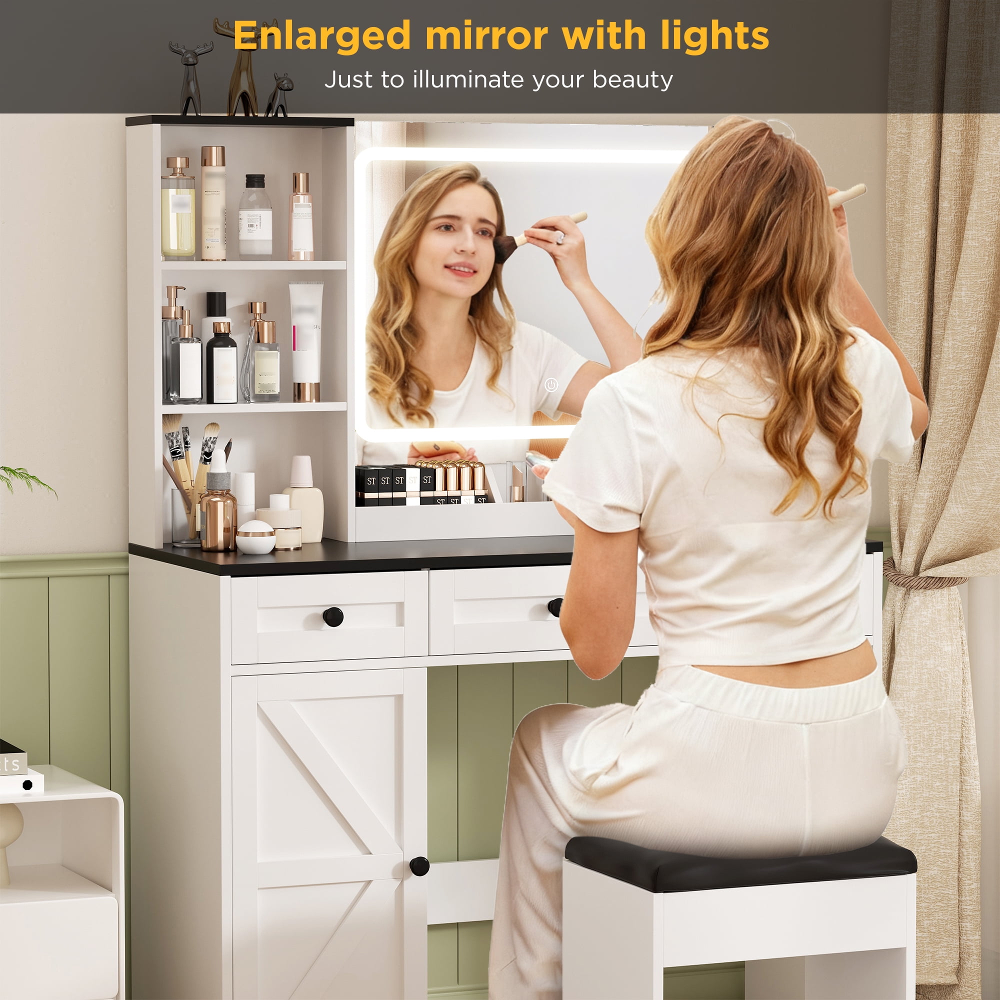 Vabches Vanity Set with Mirror and Lights, Modern Makeup Table with Storage Shelves & Drawers for Bedroom, White - Image 7