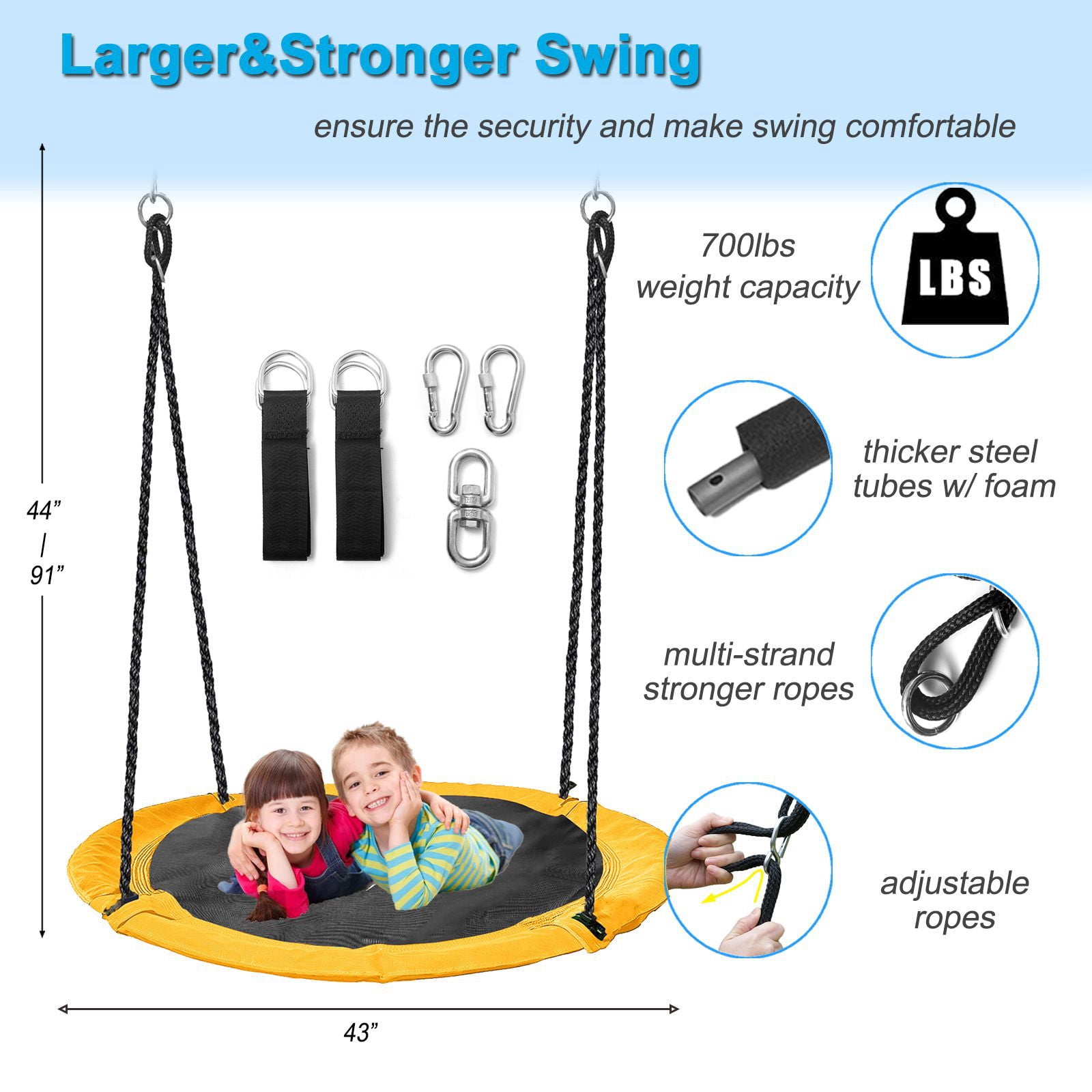 43" Saucer Tree Swing 700lbs Round Swing For Kids,Waterproof 360 Rotate, w/ 1 Swivel,2 Adjustable Ropes&2 Hanging Straps,Easy To Install,Outdoor Backyard Playground - Image 3