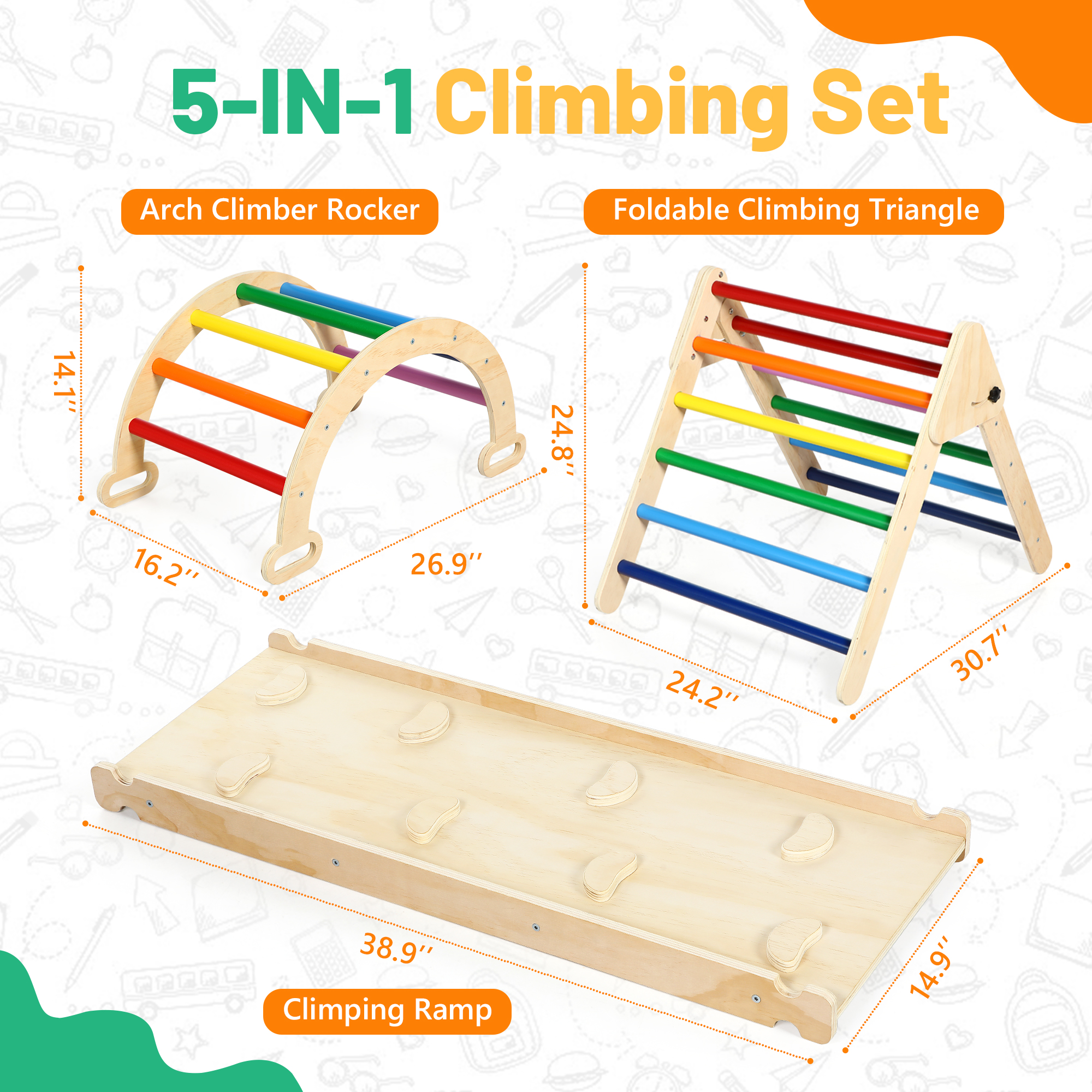 Wilwolfer 3 in 1 Climbing Toys for 1-3 Years Toddlers Montessori Wood Toys Set with Climbing Triangle & Ramp & Arch Indoor Outdoor - Image 3