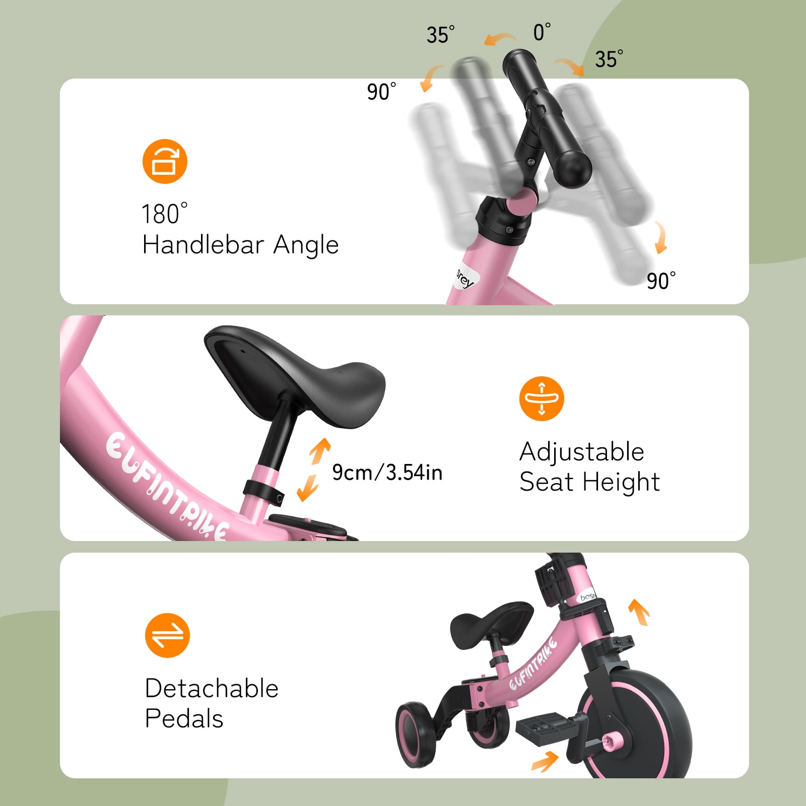 Besrey 5 in 1 Toddler Tricycle for 1 - 5 Years Old Boys and Girls,Kids Balance Bicycles Child Trike,Pink - Image 10