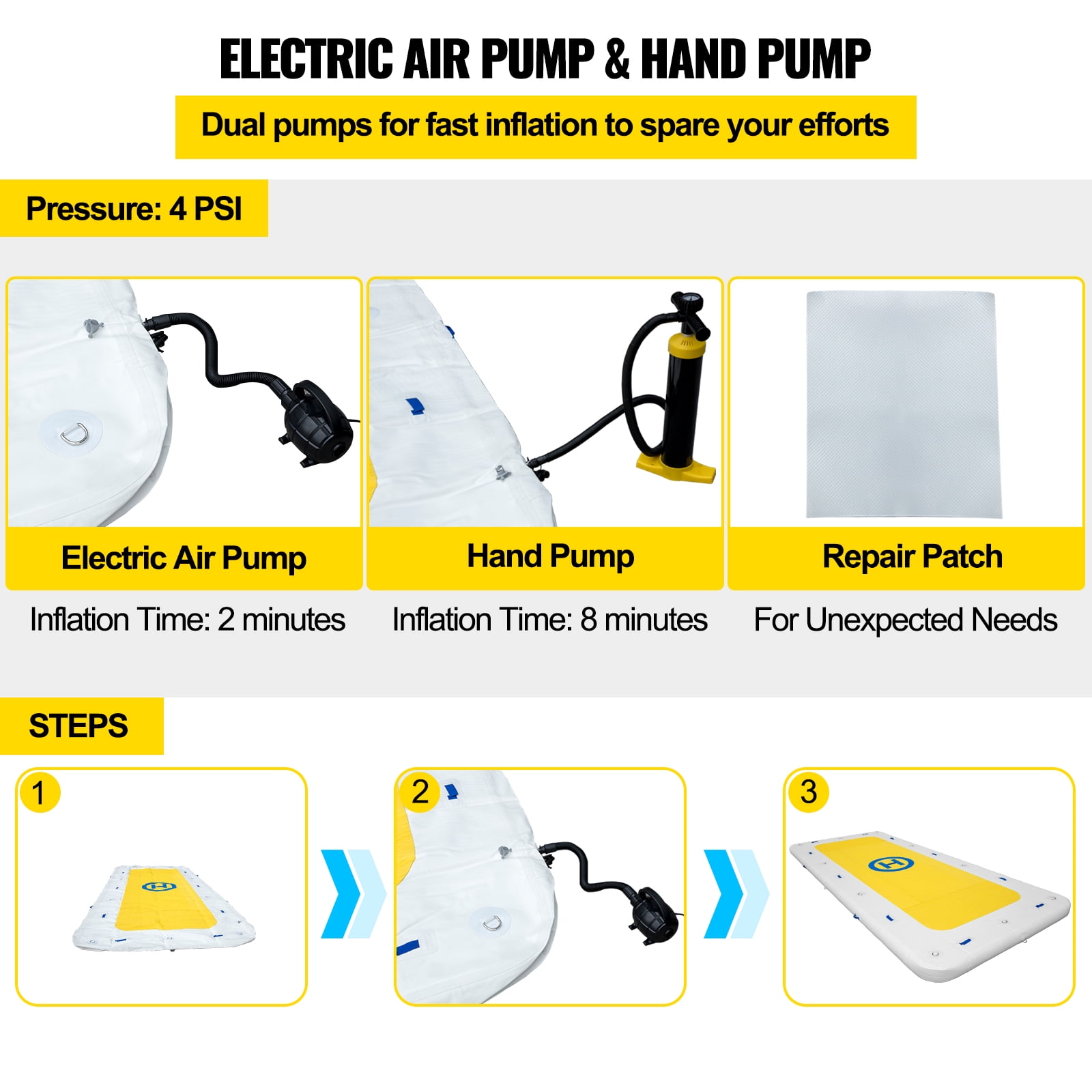 VEVORbrand Inflatable Dock Platform PVC Floating Dock 12 x 6 ft 3-5 Person with 2 Pumps - Image 8