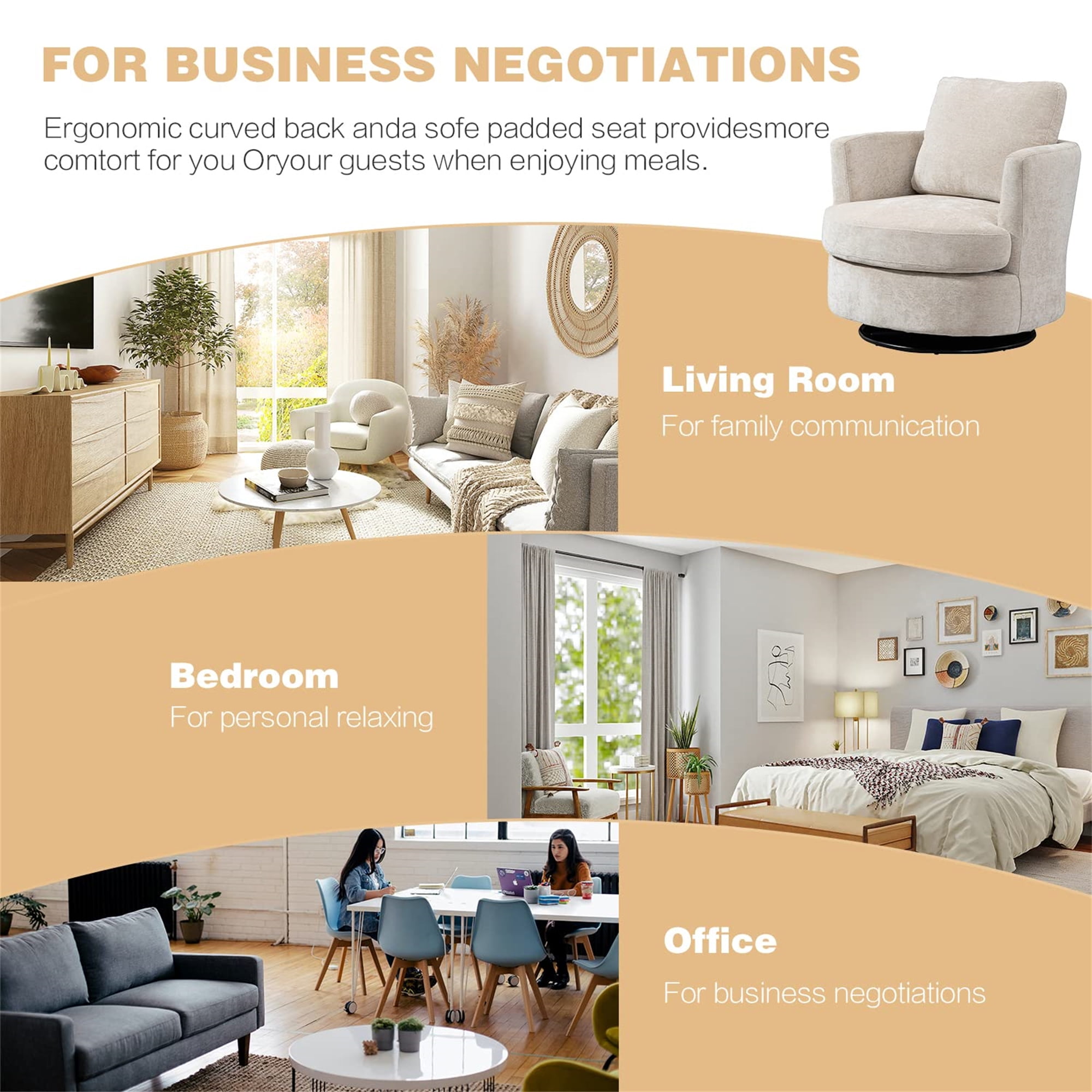 Aukfa 32" Wide Swivel Barrel Chair Accent Chair with Pillow for Living Room Bedroom, Chenille, Beige - Image 16