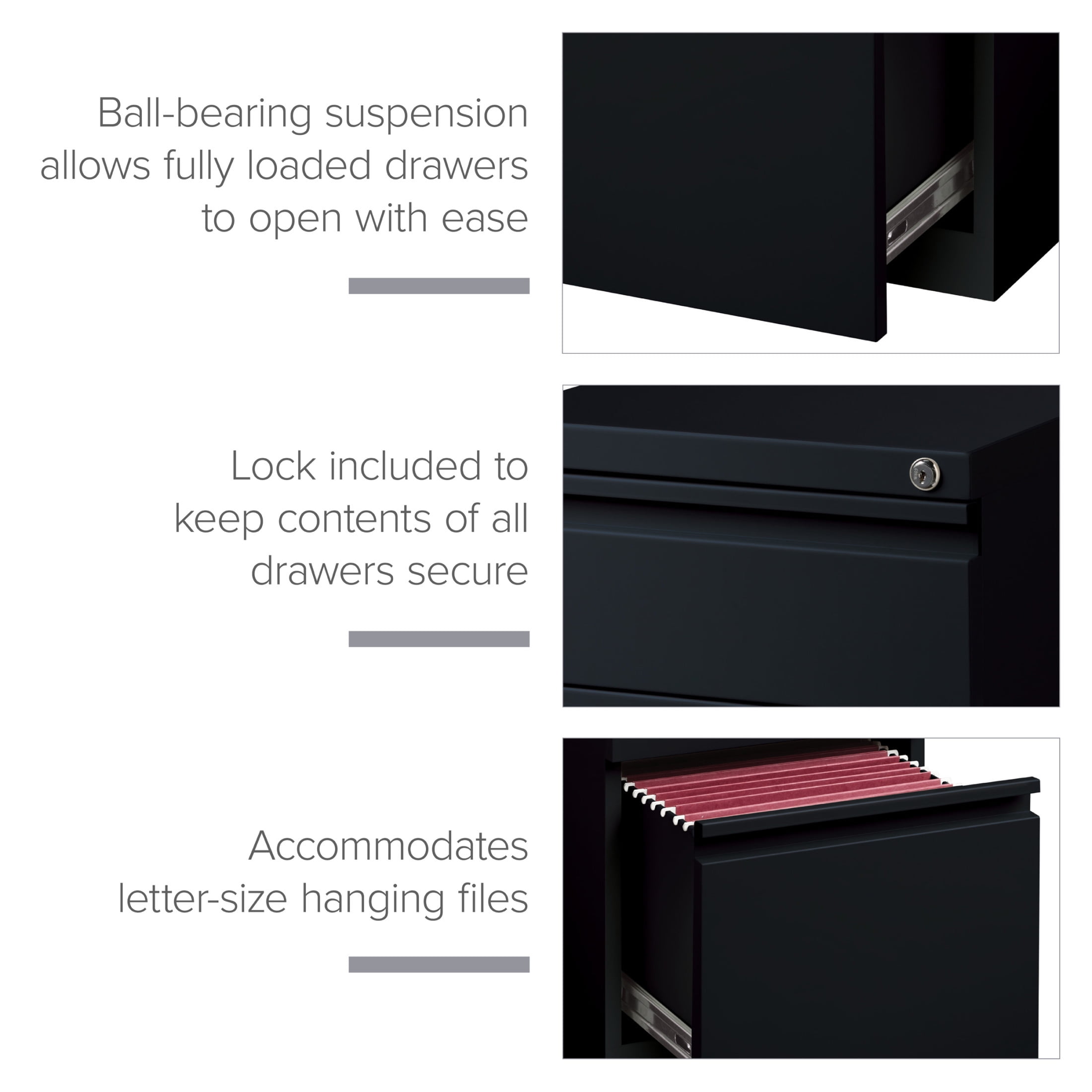 Hirsh 20" Deep Mobile Pedestal File Cabinet 3 Drawer Box-Box-File, Letter Width, Black - Image 2