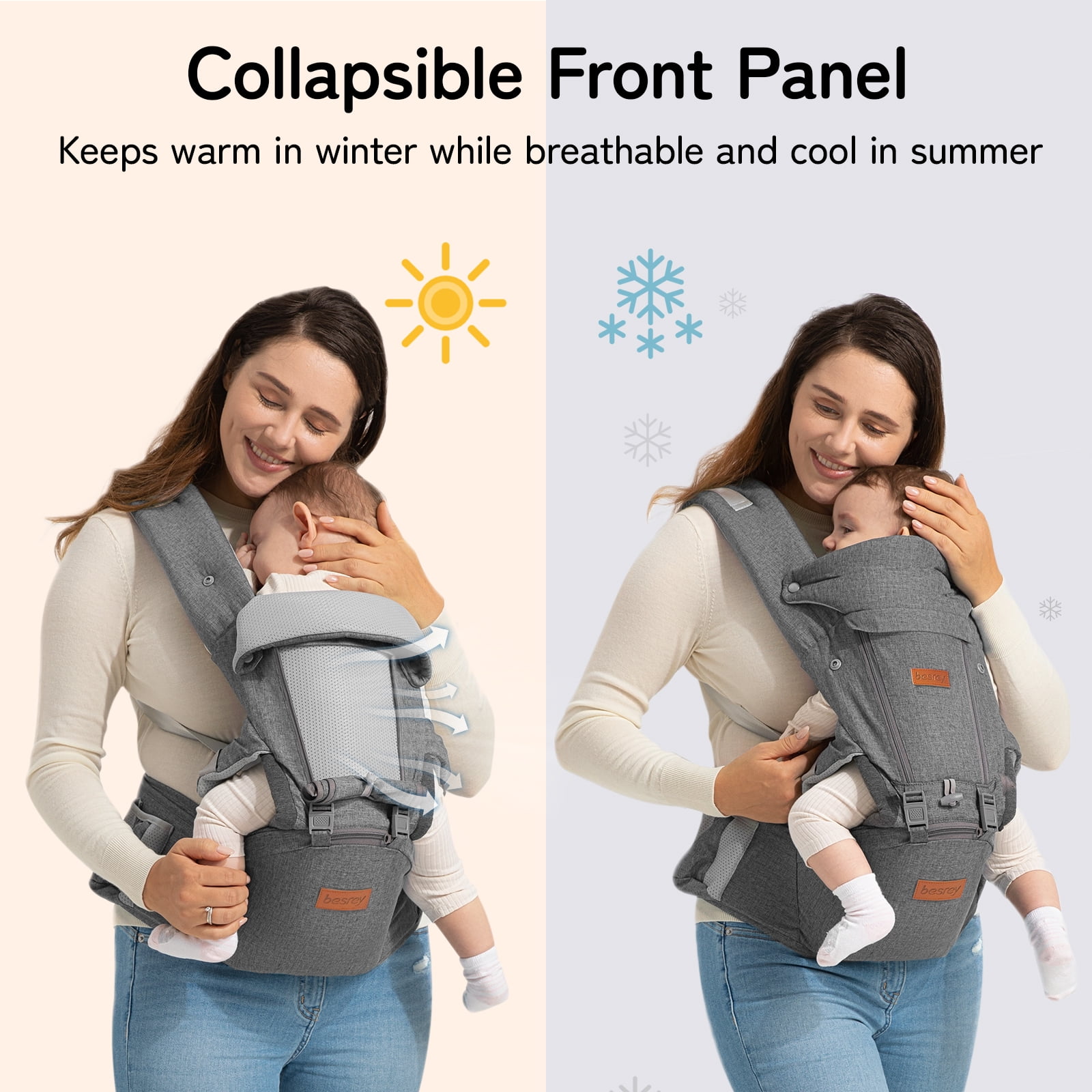 Besrey Baby Carrier with Hip Seat Newborn to Toddler, 7-45lb,Baby Body Holder Chest with Back Support,Gray - Image 8