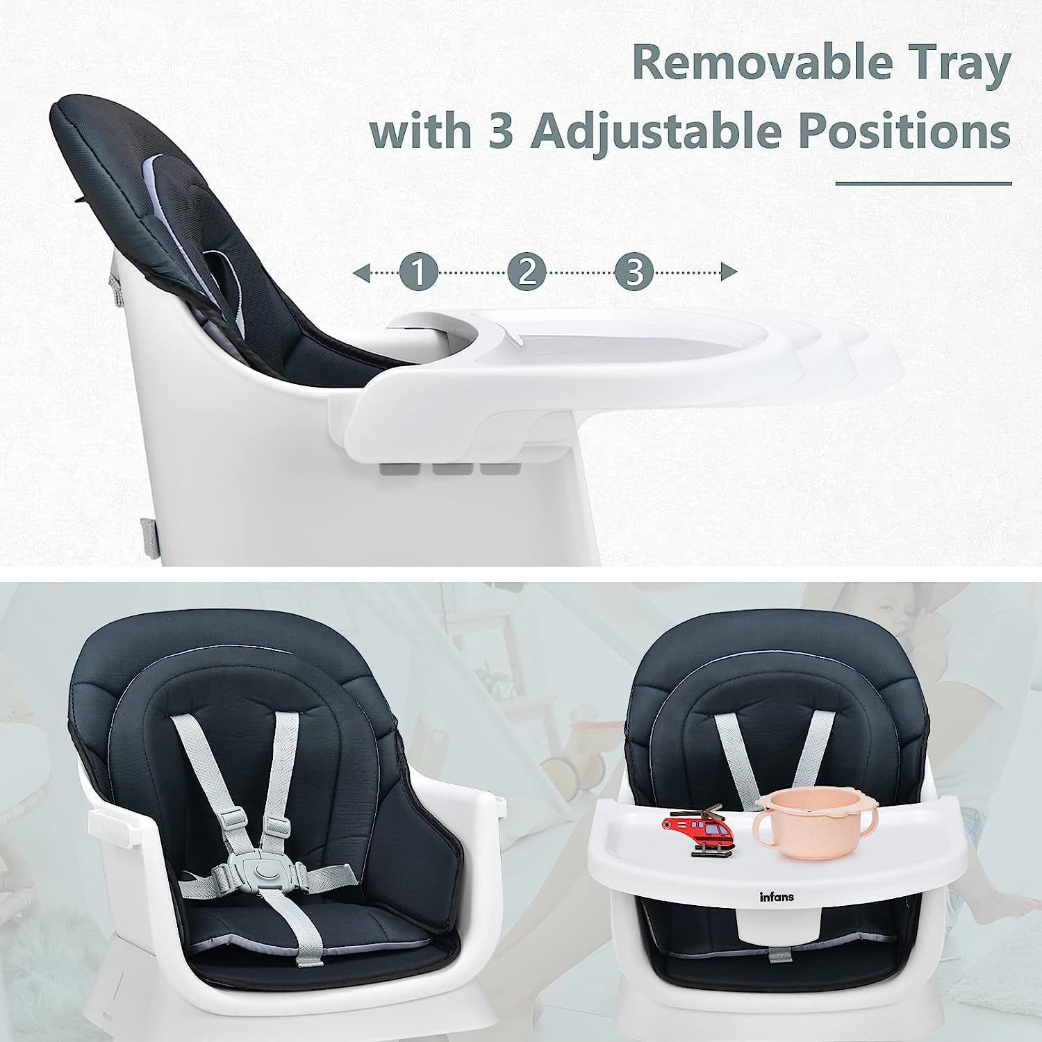 OLAKIDS 8 in 1 Baby High Chair, Convertible Highchair for Babies and Toddlers, Infant Dining Booster Seat, Building Block Table, Kids Stool Table Chair Set with Removable Tray (Black) - Image 7